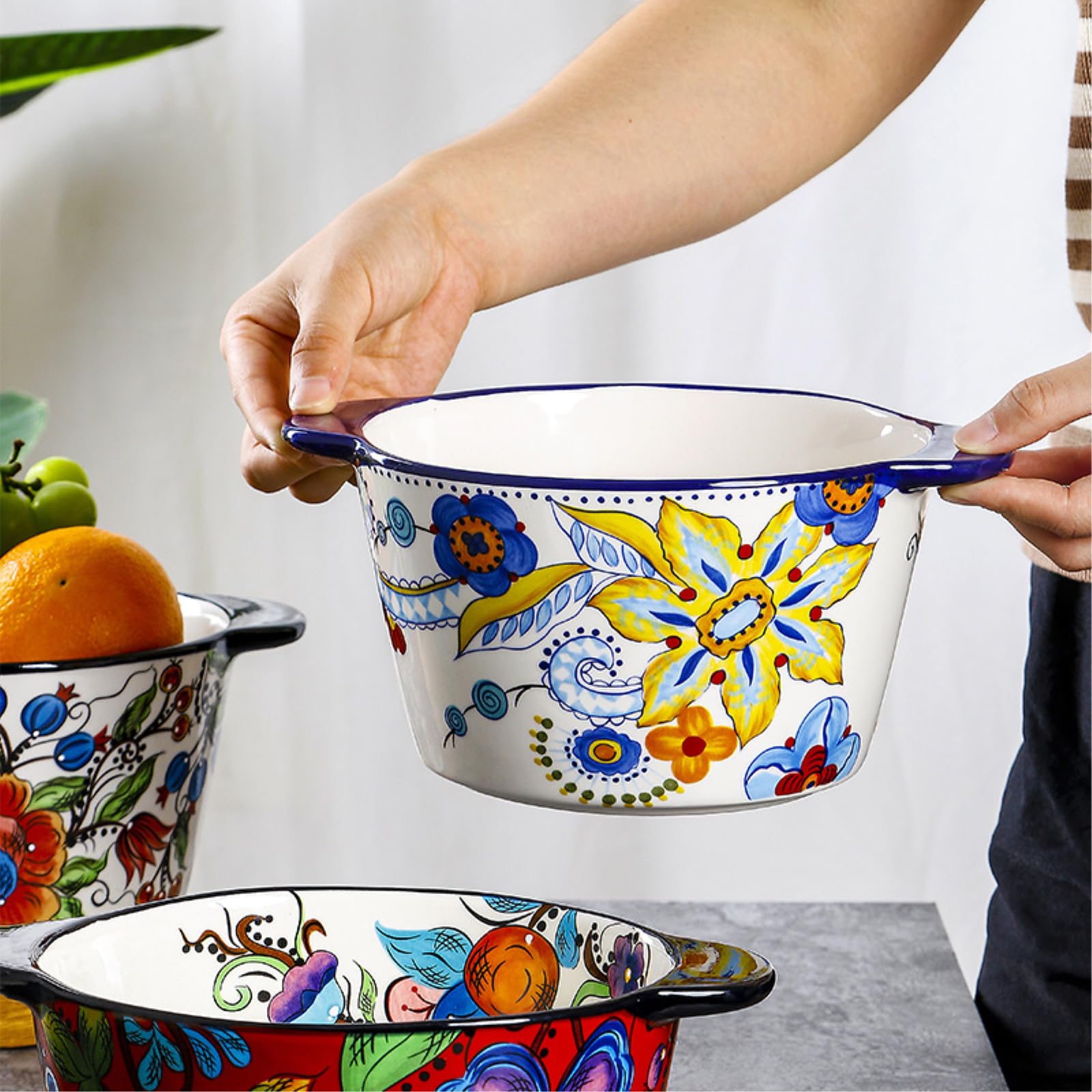 Ręcznie malowana ceramiczna miska na zupę do uszu domowa miska na zupę z liści klonu i uszu (24,5 cm) matowa glazura