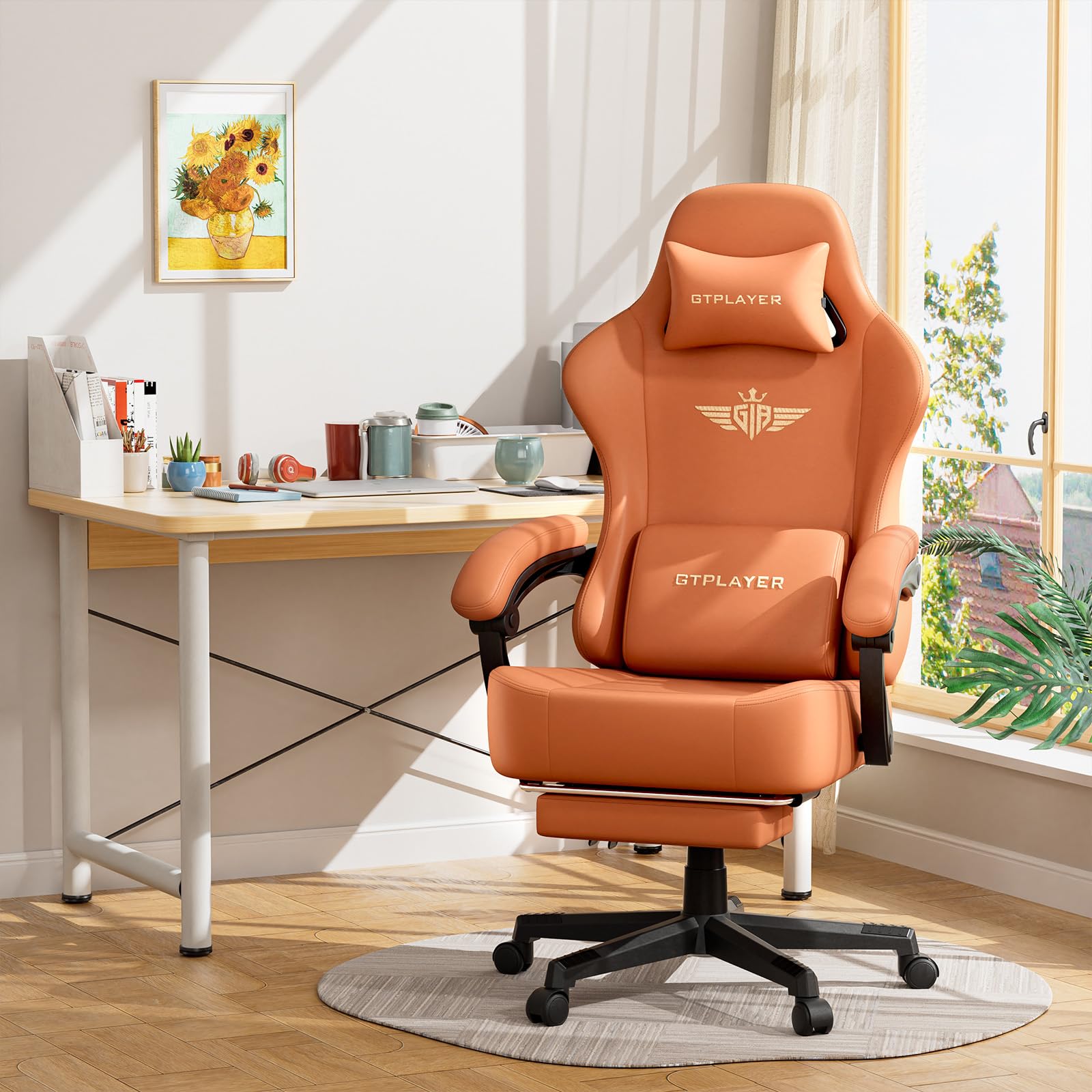 GTPLAYER Sedia da gioco, traspirante, sedia da ufficio, ergonomica, in tessuto di alta qualità, ergonomica, schienale regolabile a 160°, poggiapiedi estraibile,carico 180 kg,arancione