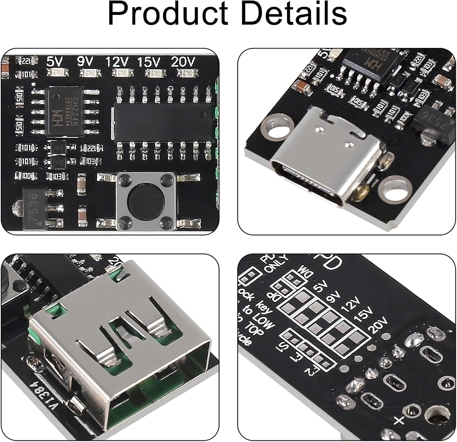4pcs USB-C PD QC DC 5V 9V 12V 15V 20V Adjustable Voltage Power Trigger Module 5A Type-C Female USB Port Input (Type-C Female USB)