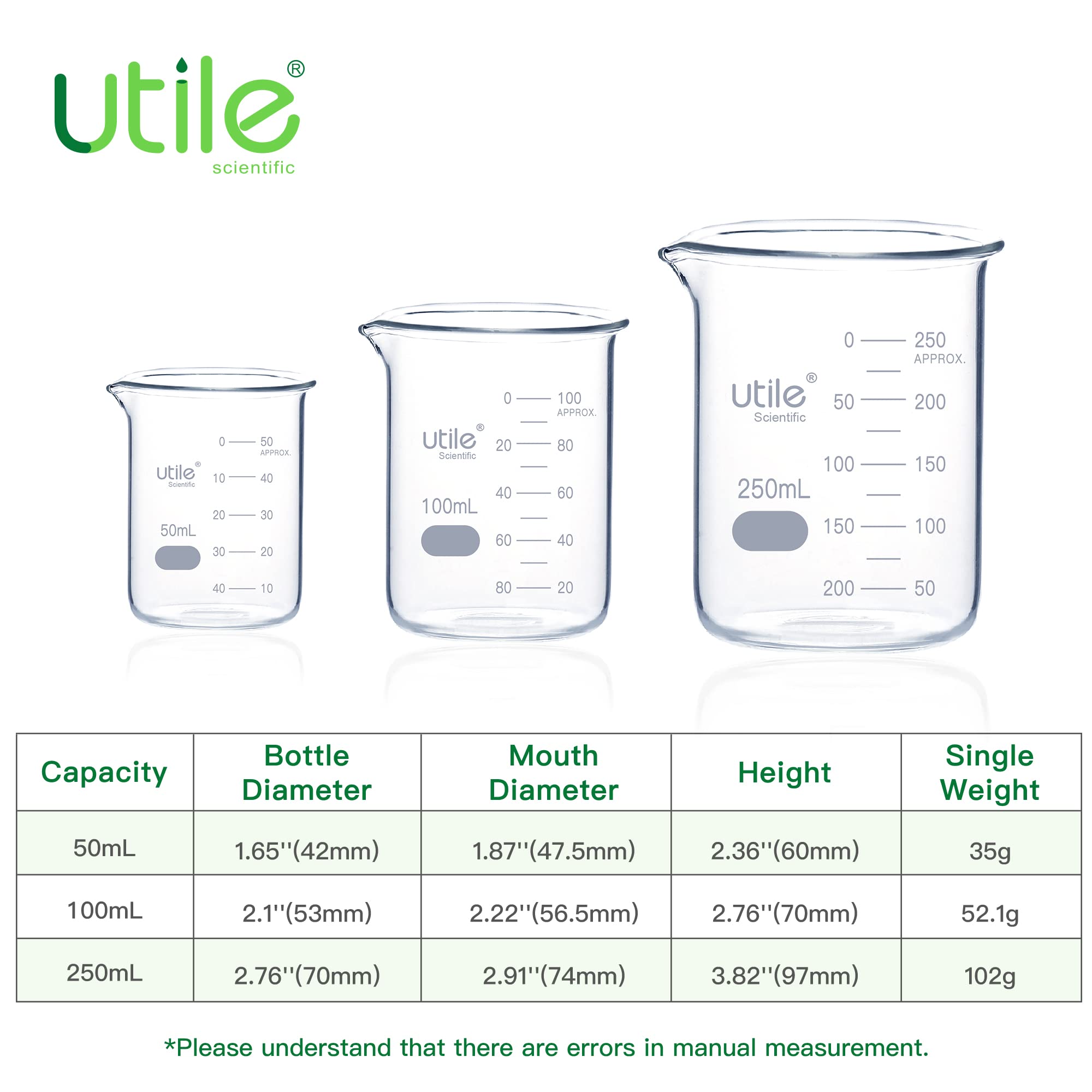 Utile Beaker Set, Low Form Glass Beakers, 3 Sizes of Vol.50ml 100ml 250ml, 3.3 Borosilicate Glass with Double Scale Printed Graduation, 4099.0004.1 — Amazon image 4