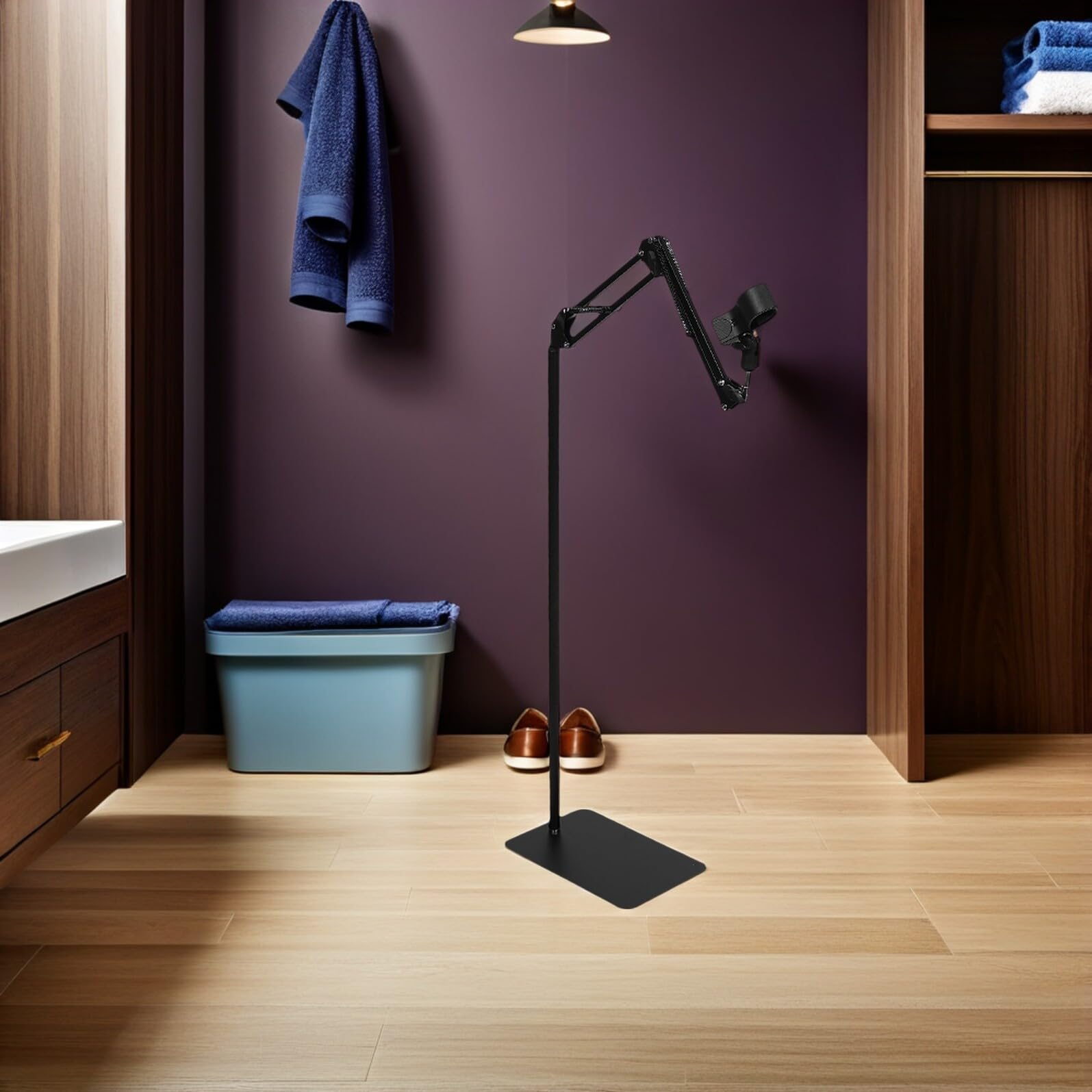 Soporte para Secador de Pelo Manos Libres Ajustable Altura con Base Estable y Pinza Antideslizante Brazo Plegable Giratorio para Salón de Belleza y Uso Doméstico Negro