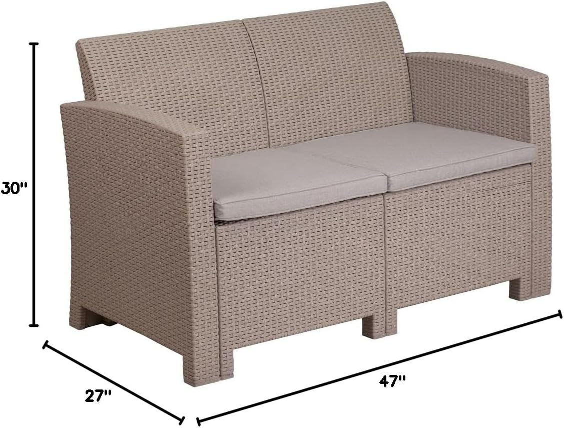 Flash Furniture Seneca Light Gray Faux Rattan Loveseat with All-Weather Light Grey Cushions
