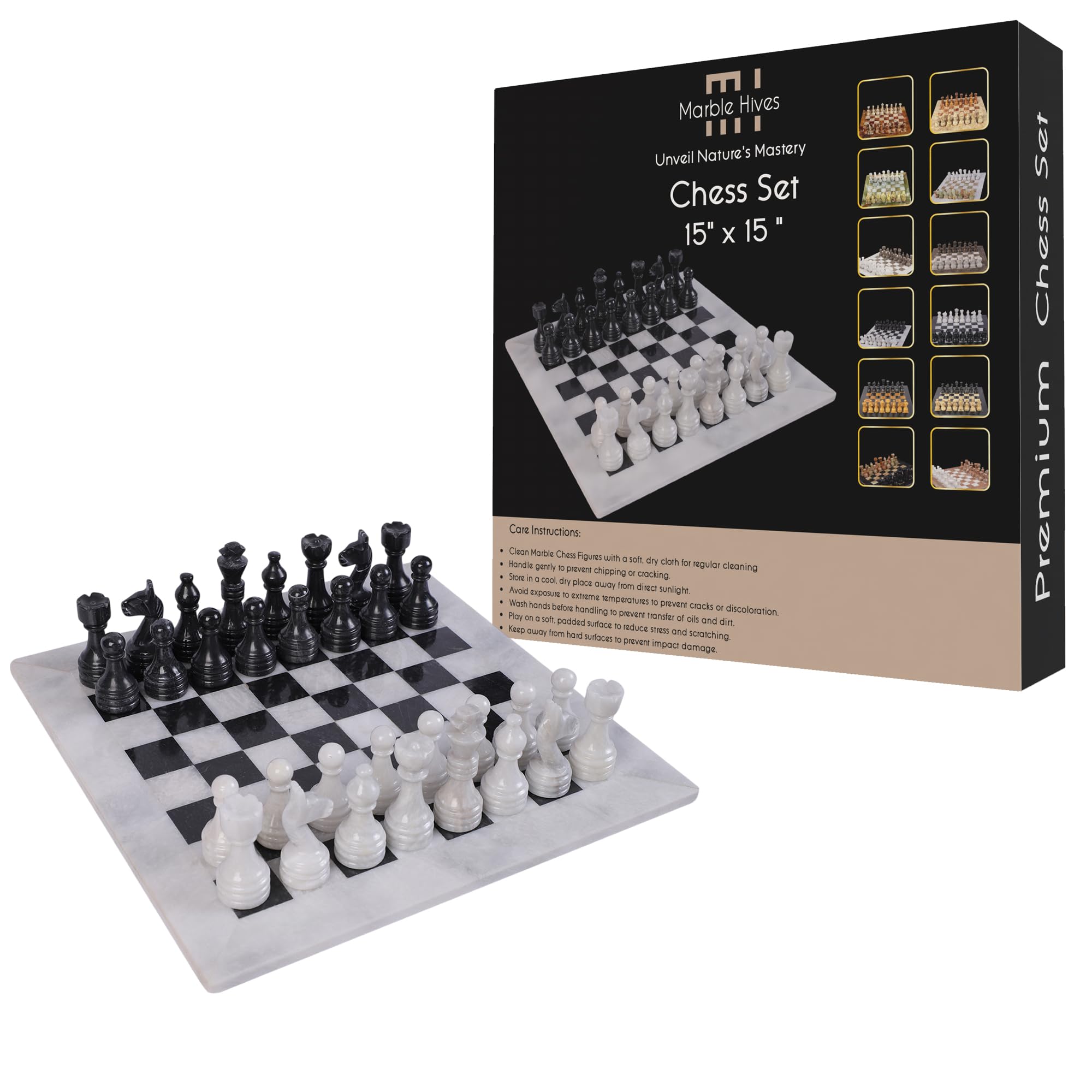 Handmade Marble Chess Set - Chess Sets for Adults - Premium Quality Chess Boards - Fancy Chess Boards (15 x 15 Without Checkers, White & Black)