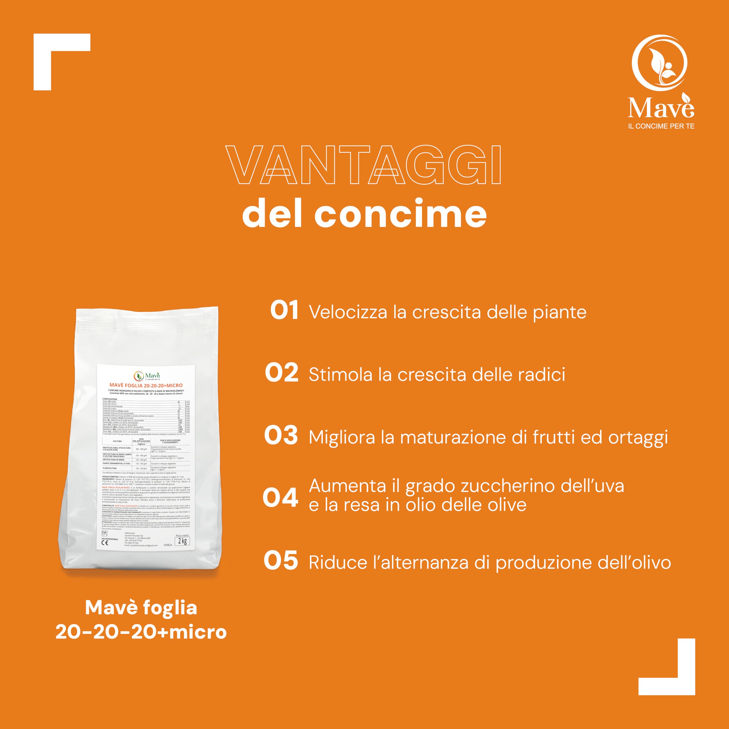 Concime fogliare 20 20 20 Mavè foglia 2 kg - fertilizzante 20.20.20 NPK per olivo, agrumi, orto, vite, piante - Nutrizione completa e crescita veloce