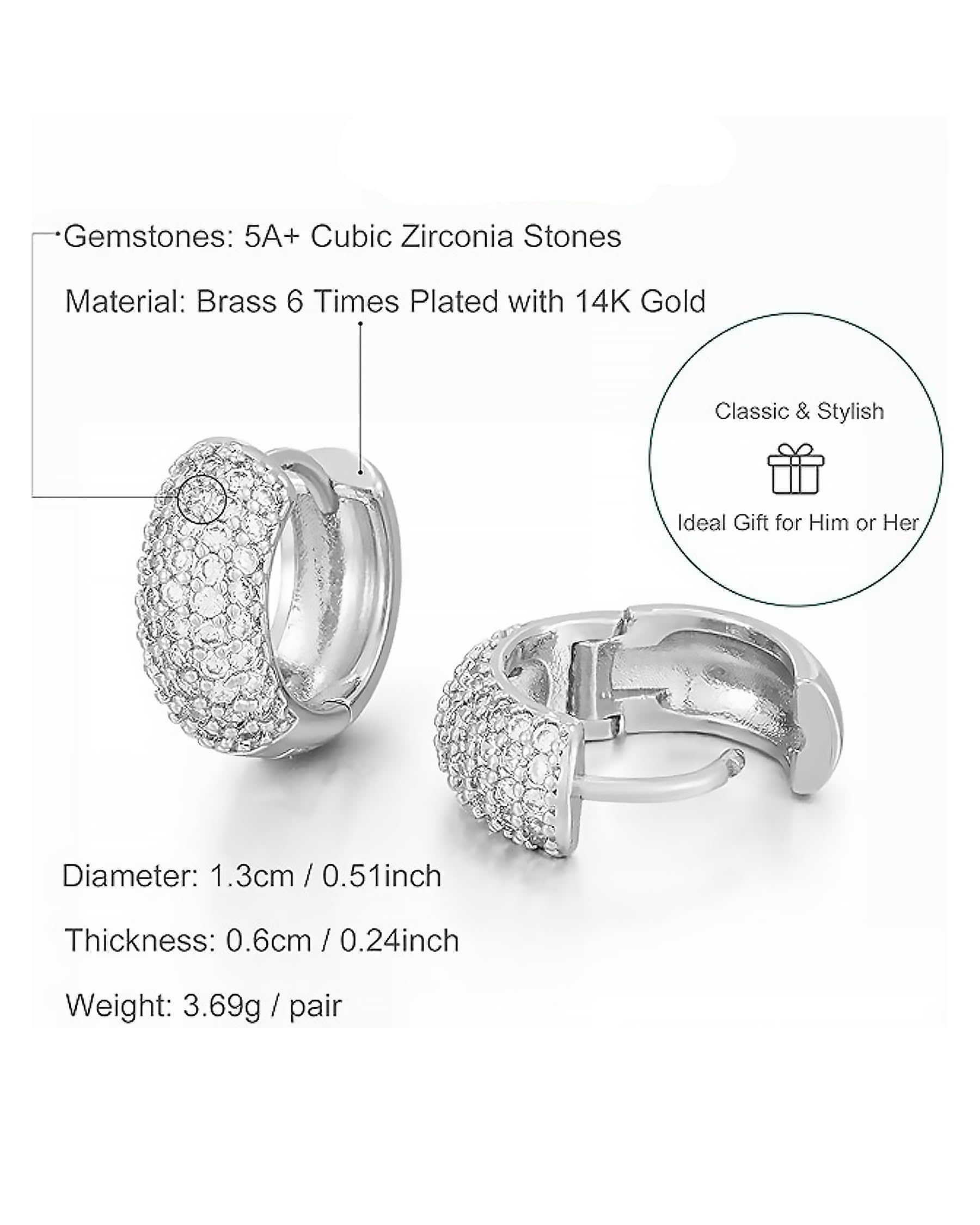 HANLI Orecchini Uomo Cerchio Diamante Argento 925 / Oro Placcato 14K e Zirconi Cubici Anallergici Leggeri Trendy Gioielli di Moda per le Uomo