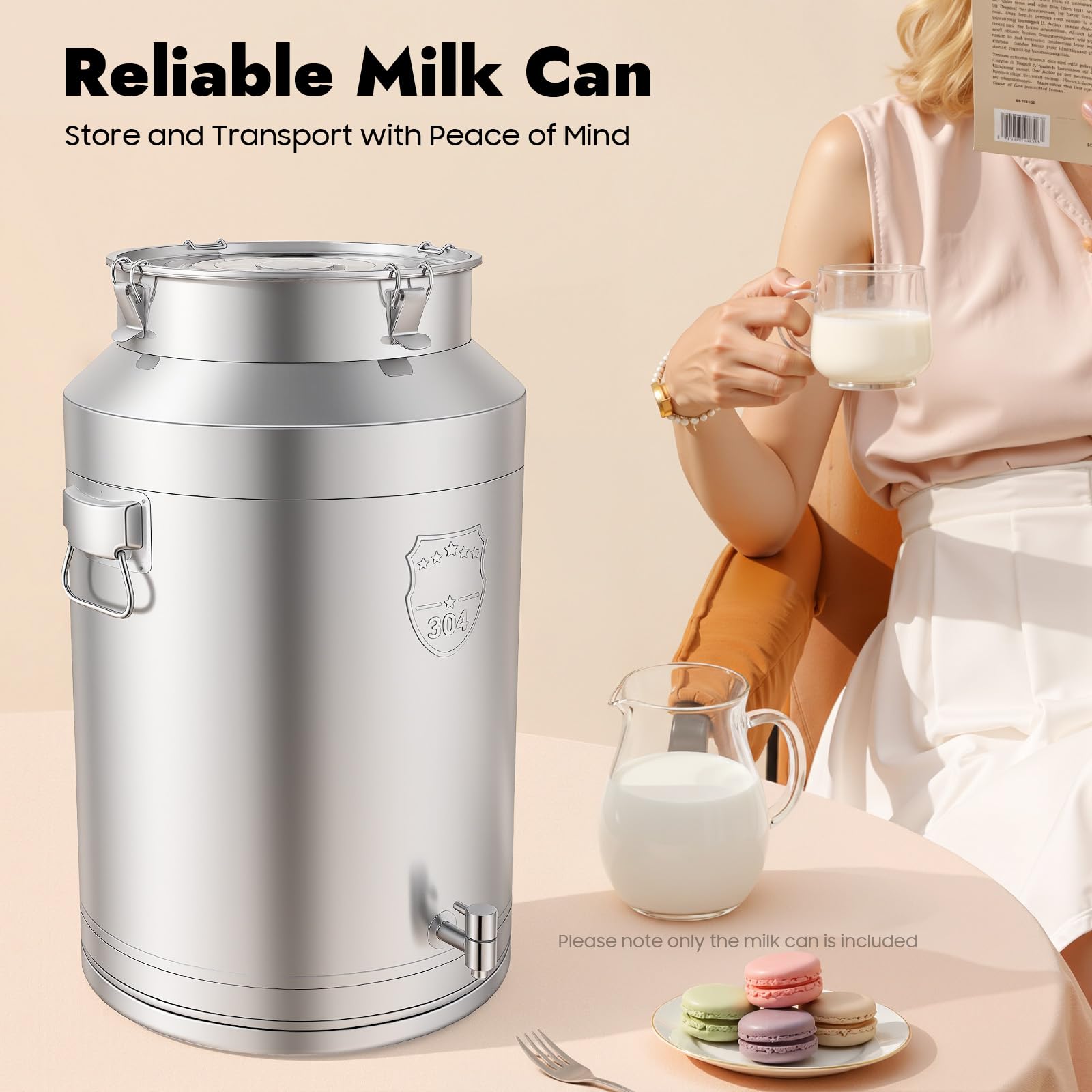 76L Edelstahl Milchkanne mit Hahn & Dichtungsdeckel, 304 Lebensmittelechter Milchkännchen, Großvolumen Versiegelter Eimer, Schwerlast Flüssigkeitsbehälter für Milch Wasser Tee Saft