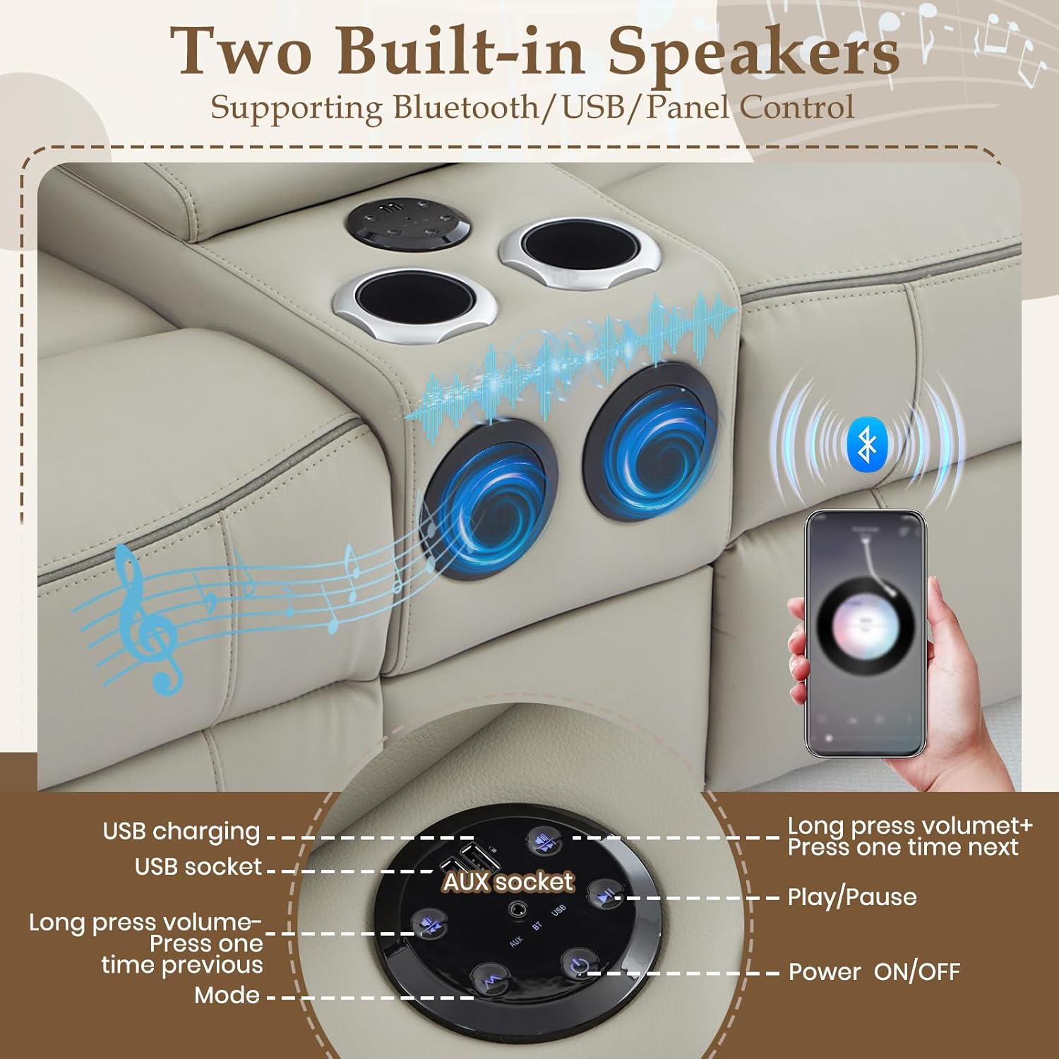 Power Reclining Sofa Set with LED Reading Light/Storage Drawer, Power Loveseat Recliner Sofa, Reclining Loveseat with Bluetooth Speakers/Outlets/Breathing Leather (Grey, Sofa+Loveseat)