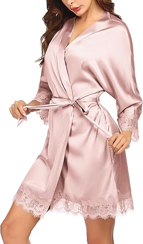 Miniatura 3 de HOTOUCH Bata de seda para mujer, bata corta de satén con ribete de encaje, manga 34, sexy, kimono, ropa de dormir con bolsillos