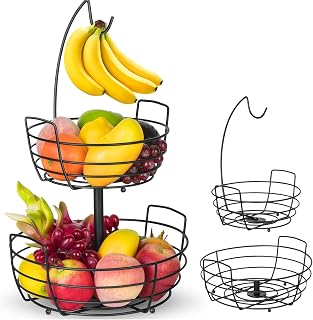 NUNET 2-Tier Fruit Basket with Banana Hanger – Large Kitchen Fruit Bowl for Countertop, Bread & Snack Storage – Space-Saving, Ventilated Design for Fresh Fruits & Vegetables