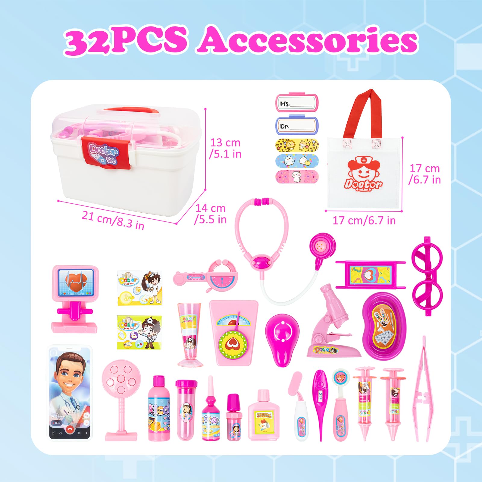 KalaDuck - Mallette Docteur Enfant 62 Pièces - Déguisement + Stéthoscope + Jouets Dentiste - Cadeau 3 Ans+