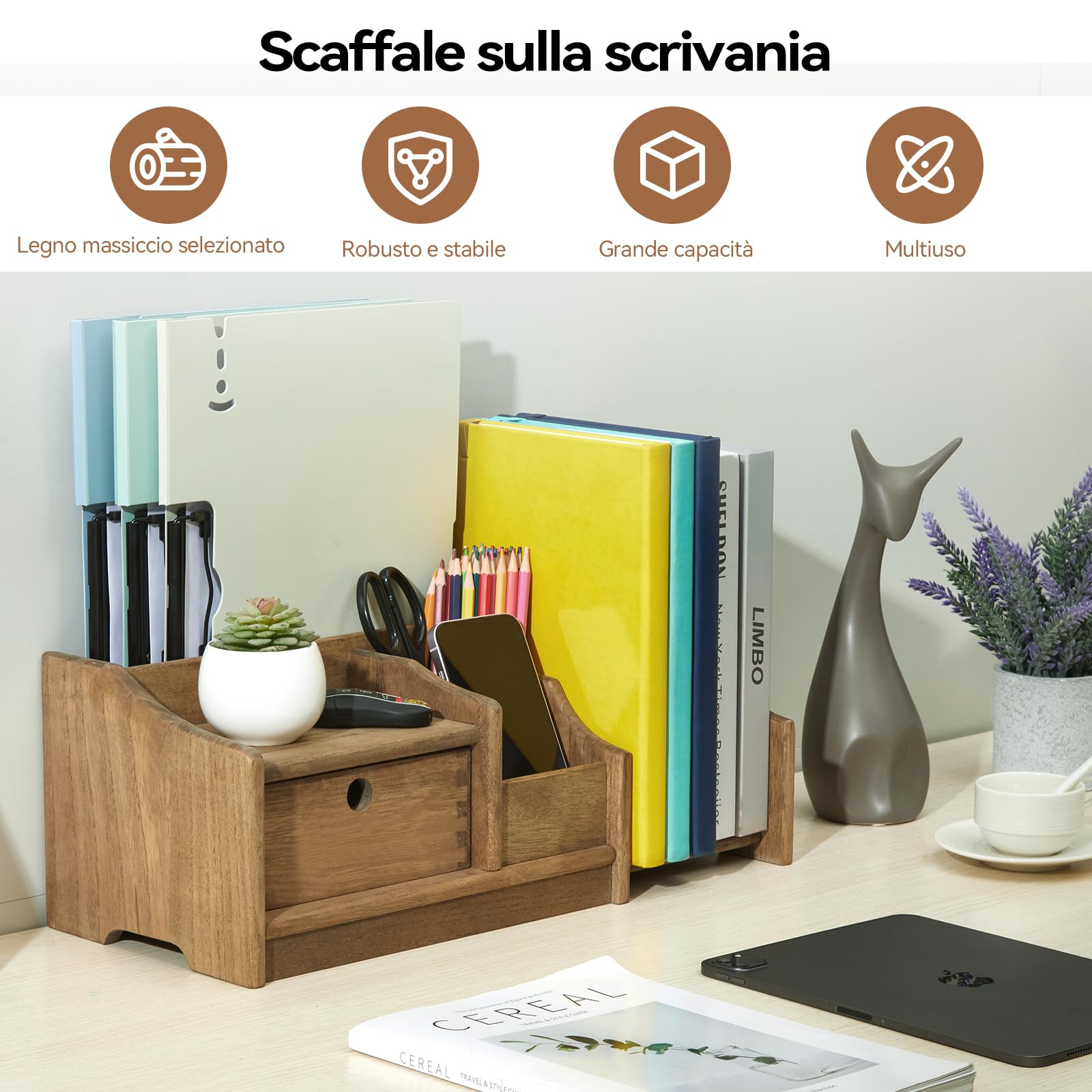 KIRIGEN Libreria in Legno Regolabile con Cassetto – Organizer da Scrivania Completamente Assemblato, Salvaspazio per Libri, Documenti e Riviste marrone