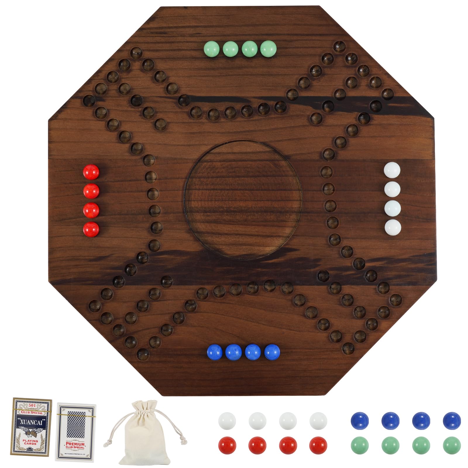 Middle East Marbles and Jokers Board Game Solid Wood Marbles and Card Game for 2-4 Players Game Board Wooden Integrated (Burnt Color)