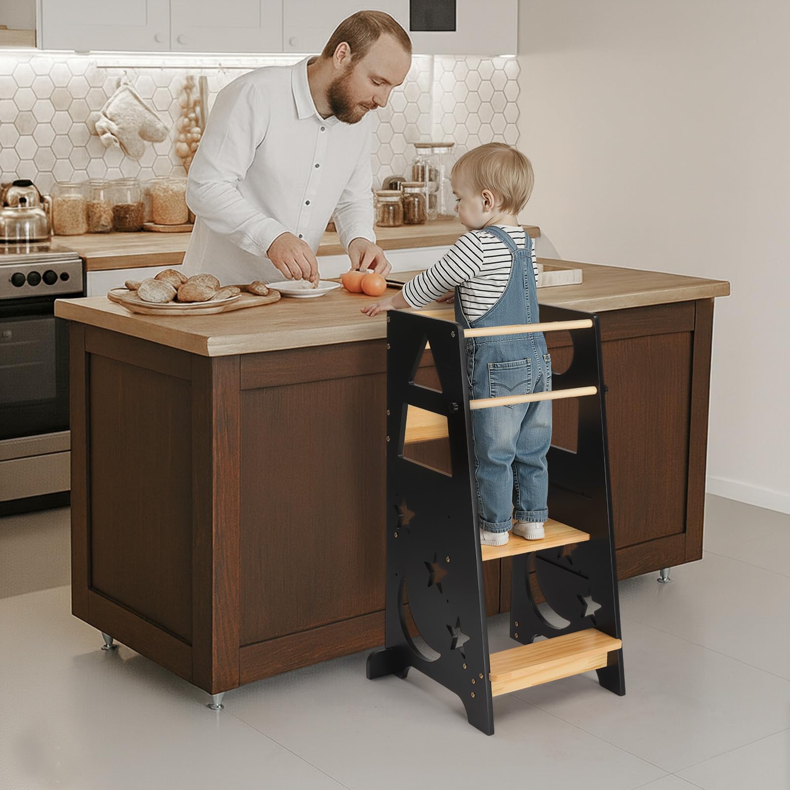 Bonnlo Learning Tower Adjustable Height, Toddler Standing Tower, Montessori Kitchen Helper 40x45x90cm, 3 Levels Adjustable Kids Learning Stool (Black)