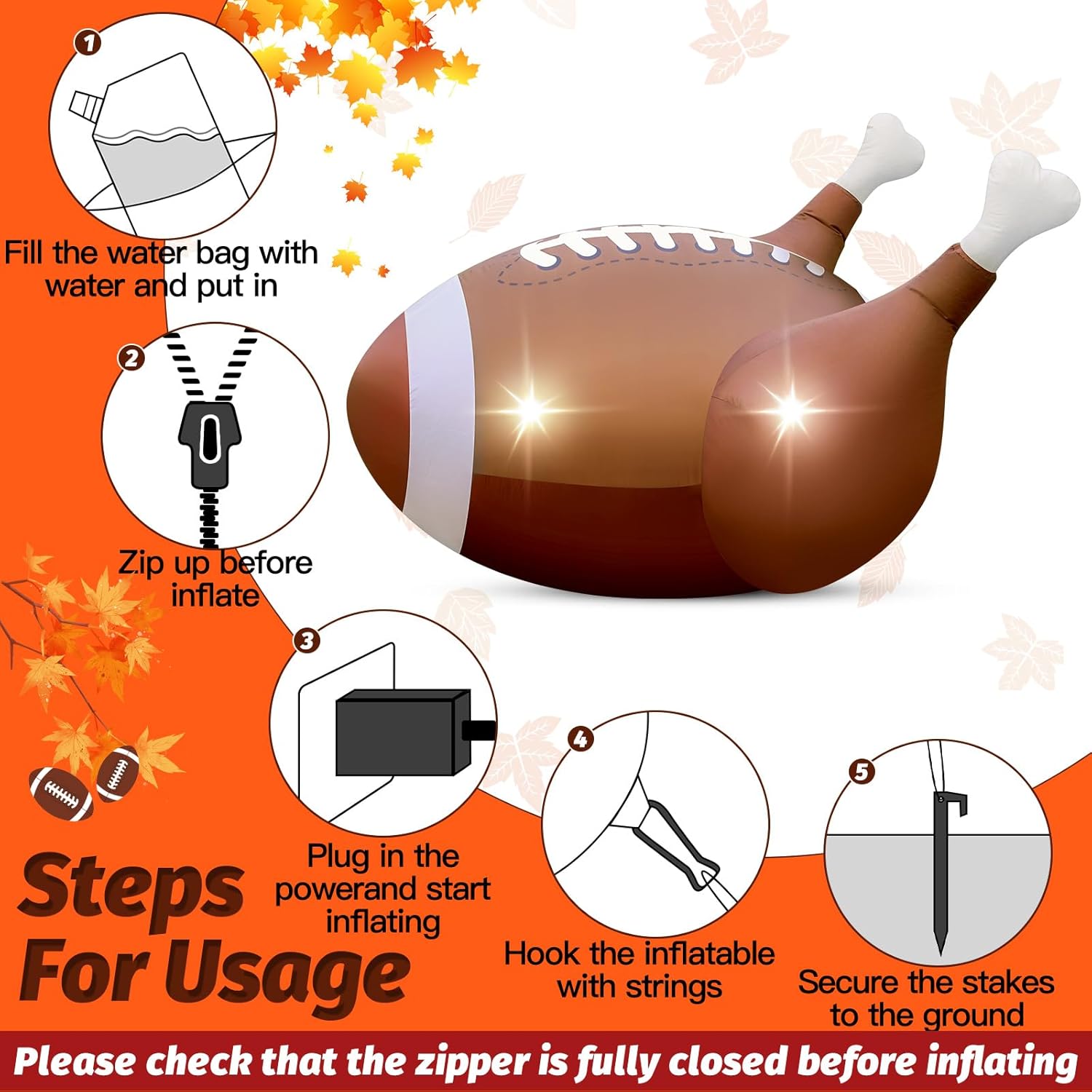 5FT Thanksgiving Inflatable Football Turkey Outdoor Decoration Blow Up Turkey with Built-in 2 LED Lights for Outdoor Garden Lawn Yard Home Sport Party Decor