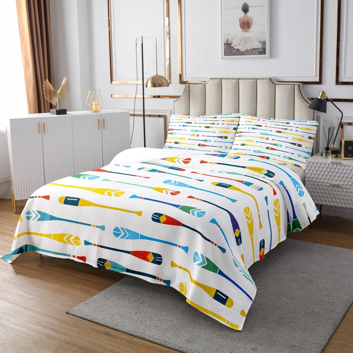 Homewish Colorful Paddle Bedspread Twin Size,Sailboat Ship Bedding Sets 2Pcs for Kids Girls Boys Room Decor,Lake House Comforter Set Modern Soft Quilt Coverlet,1 Pillowcase