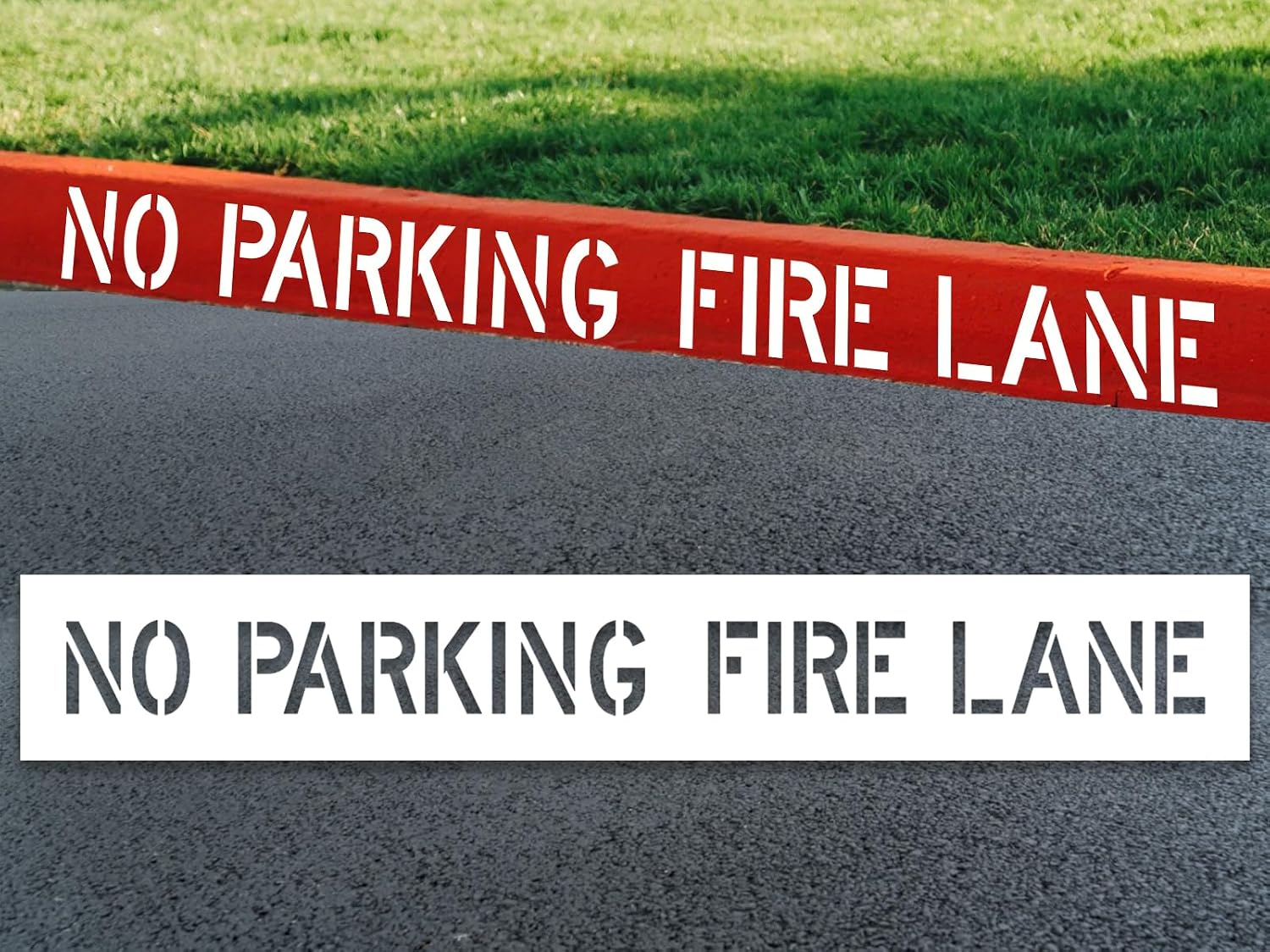 No Parking Fire Lane Stencil with 4" High Letters, 8"x52" Reusable Silicone Pavement Stencil for Parking Lot, Asphalt, Concrete, and Curb Painting