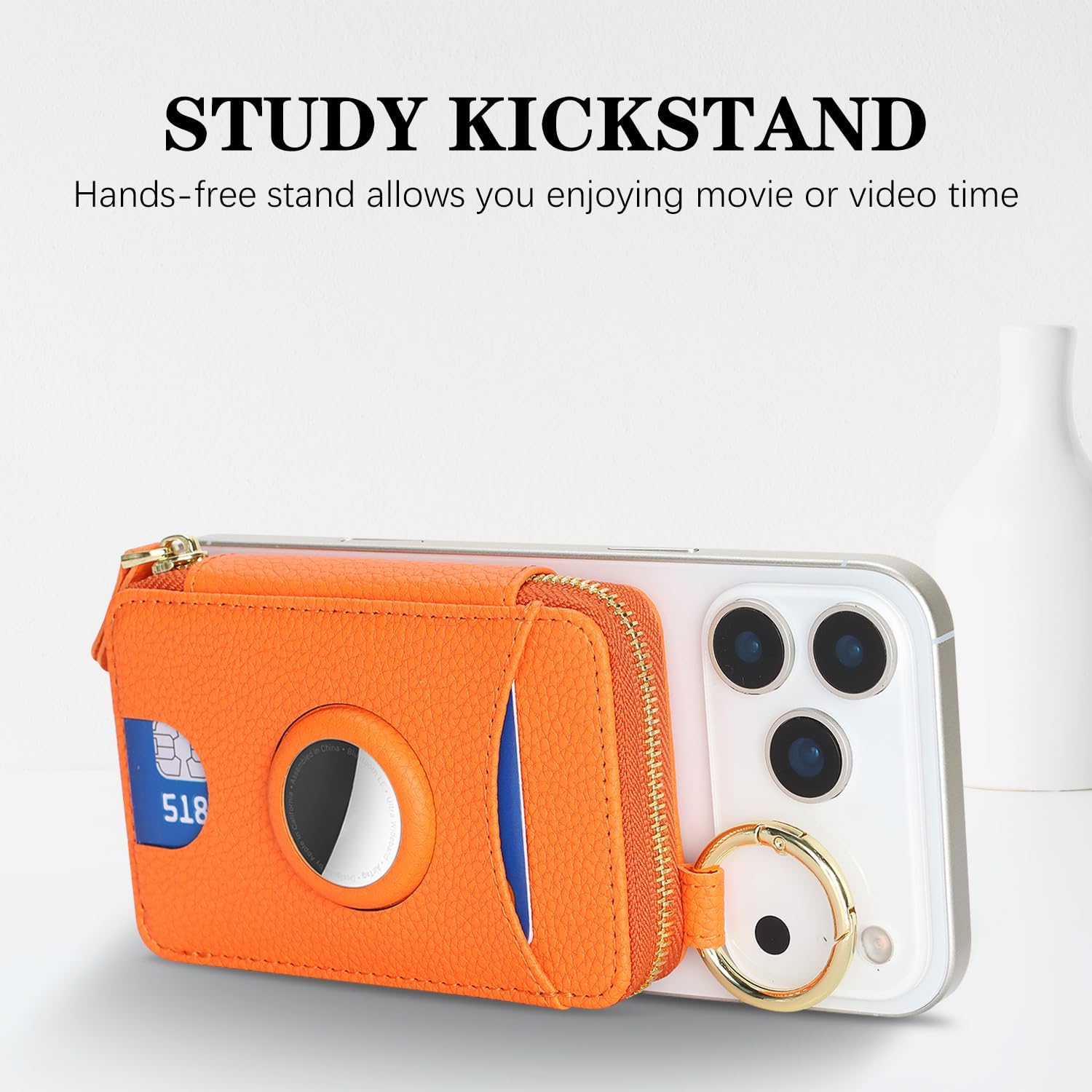 Cavor Compatible with MagSafe Wallet with Airtag Holder for Women, Magnetic Phone Wallet for iPhone 17 Pro Max/16/15/14/13/12, id Credit Card Holder with Mag safe Keychain Cash Wallets-Orange