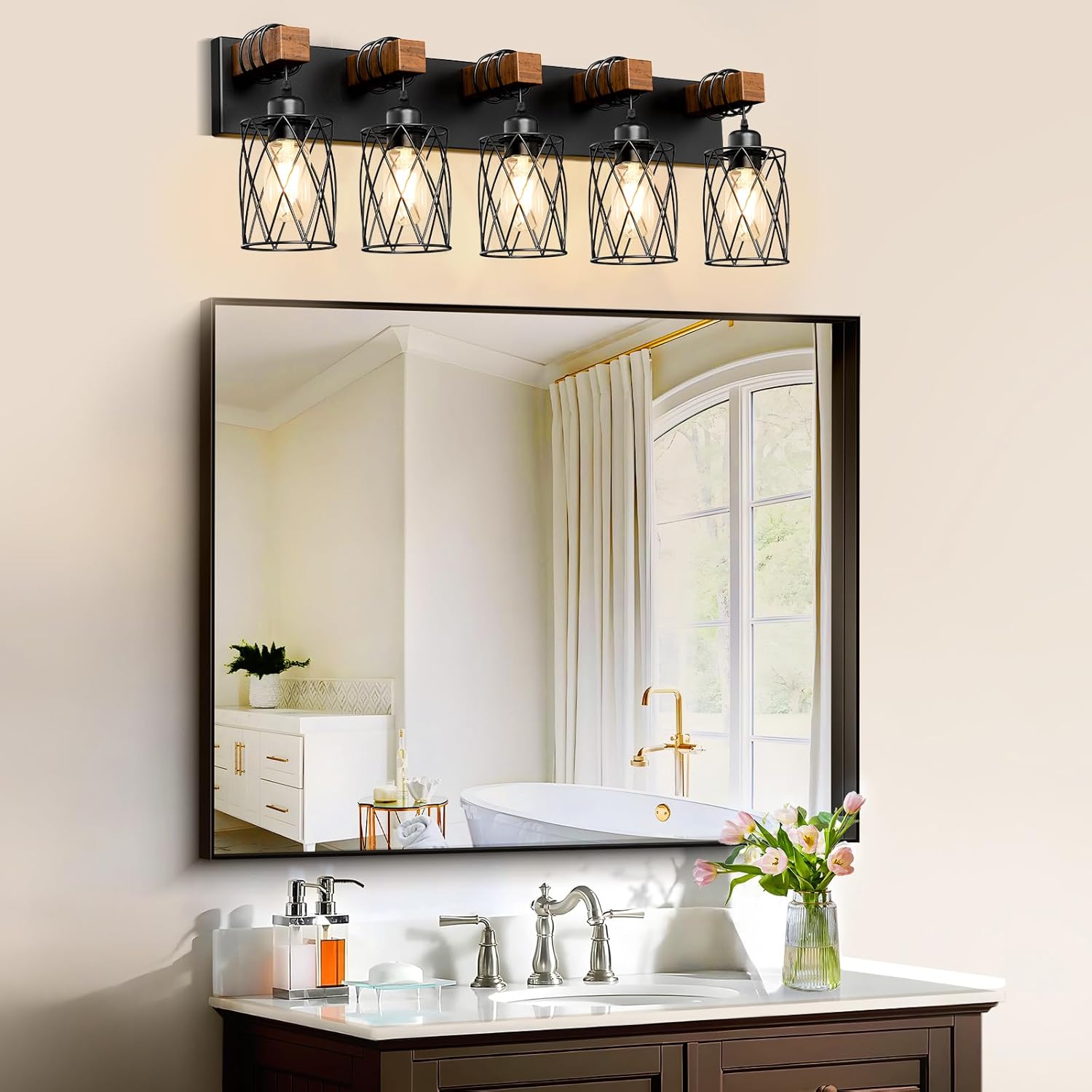 IZORRO Farmhouse Bathroom Vanity Light, 5-Light Wood Bathroom Light Fixtures Over Mirror, Black Industrial Vanity Lights with Metal Shade, Rustic Restroom Lighting Fixtures