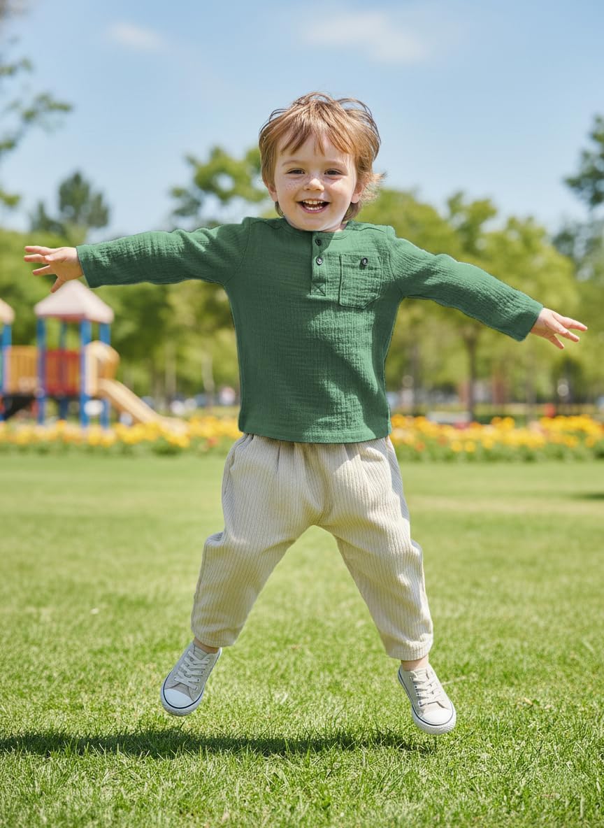 Volunboy Toddler Boys Henley Long Sleeve Cotton Linen Shirt Solid Short Beach Casual Button Tees Tops