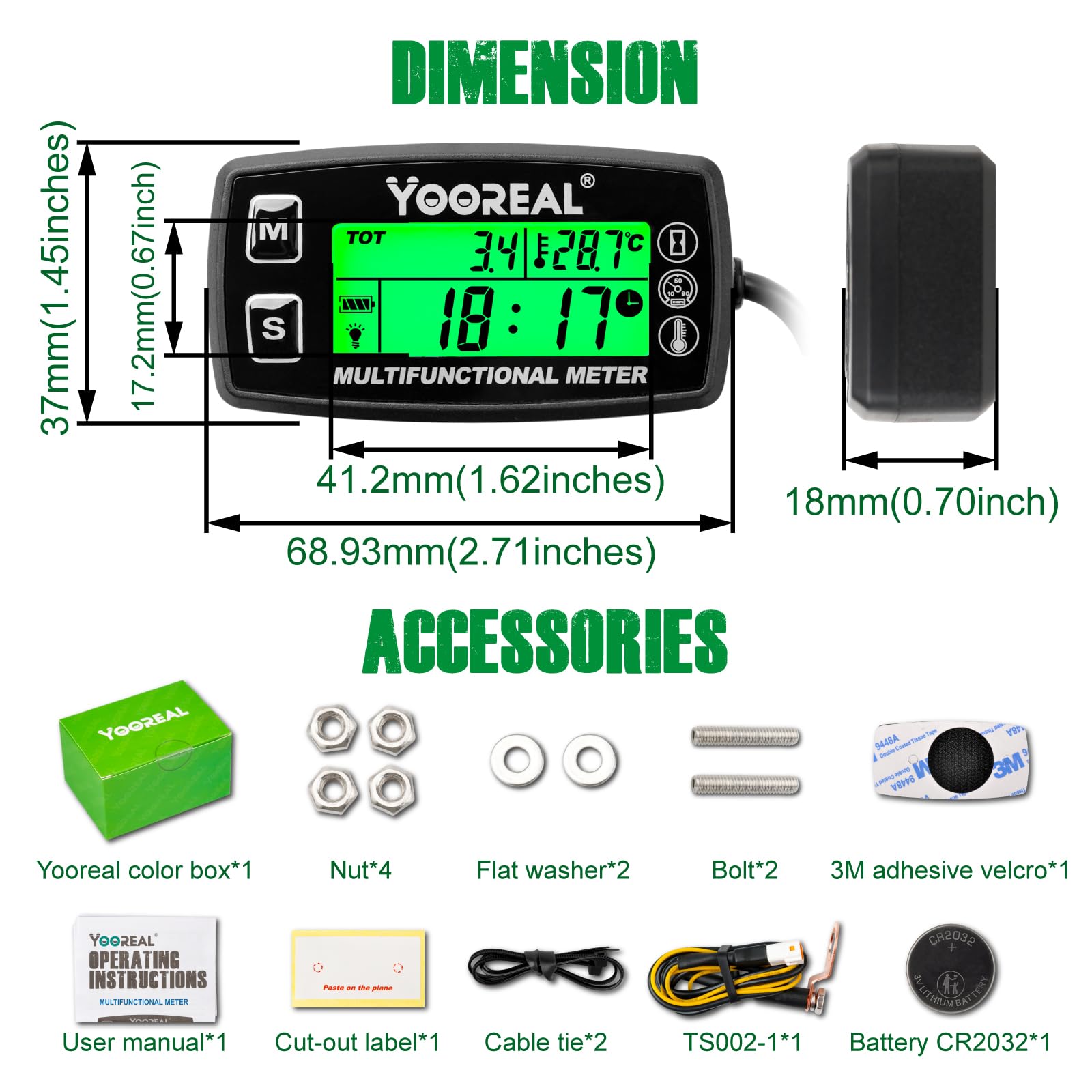 Yooreal Jauge Numérique Température + Compteur Heures + Tachymètre – Étanche IP67 Pour Moto, Scooter, Tracteur, Souffleuse, Générateur