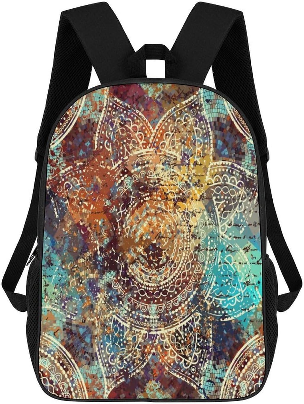 Lightweight 17 Inch Travel Backpack Large Capacity Daypack with Side Pockets Adjustable Straps for Work Commute Outdoor Mandala Round Decorative Ornament Pattern