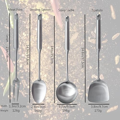 Miniatura 9 de Juego de utensilios de cocina de acero inoxidable para servir de metal, juego de 6 piezas de espátula Wok, cuchara ranurada, cuchara para pasta,