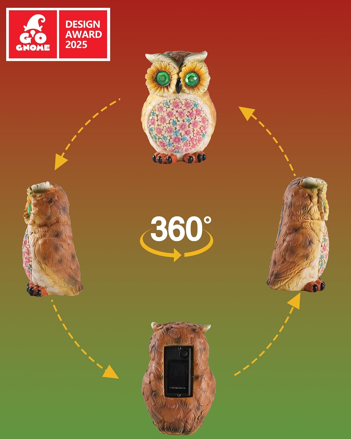 GoGnome Hand-Painted Resin Owl Figurine with Glow-in-The-Dark Eyes, Solar-Powered Garden Decor 5.5'' Lawn Ornaments Statue Gardening Gifts for Outside Yard Art Patio (Owl)
