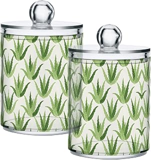 4 Pack Apothecary Jars Bathroom Aloe Vera Green Plants Qtip Holder Dispenser Clear Plastic Storage Canister Jar with Lid for Cotton Ball, Cotton Swab