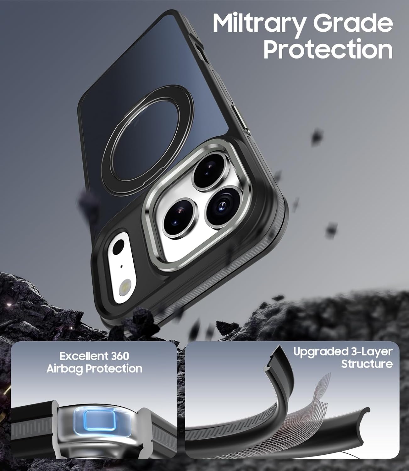 for iPhone 17 Pro Case with 360 Magnetic Ring Stand, Fit MagSafe, Military-Grade Shockproof Protection, Non-Slip Slim Translucent Protective Phone Cover, Black - Image 6