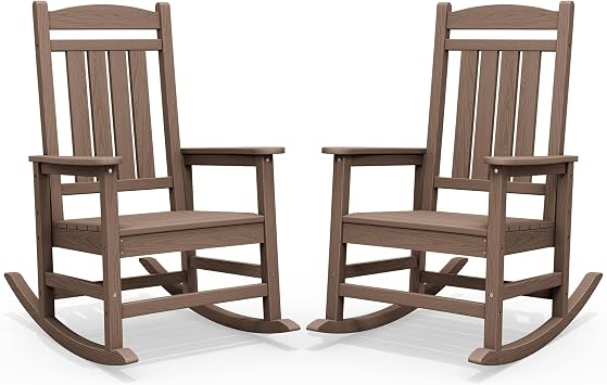 SERWALL Oversized HDPE Outdoor Rocking Chair Set of 2, Patio Rocking Chairs, All-Weather Porch Rockers for Adults, Brown
