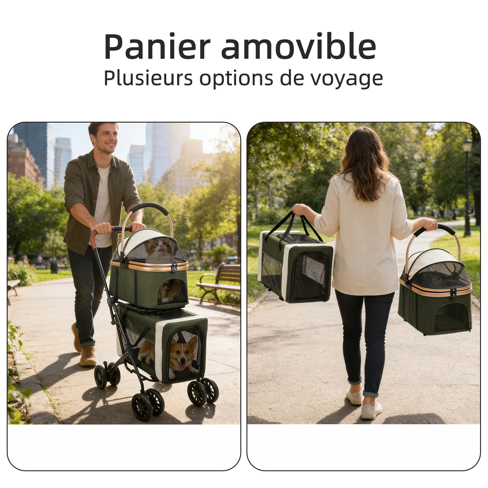 OHMG Poussette Double pour Chien, Pliable Poussette pour 2 Animaux Jusqu'à 16 kg, Transporteur pour Chats avec Coussins et Porte-gobelet, sac de Transport pour Cage pour Chien, 4 PCS Roues
