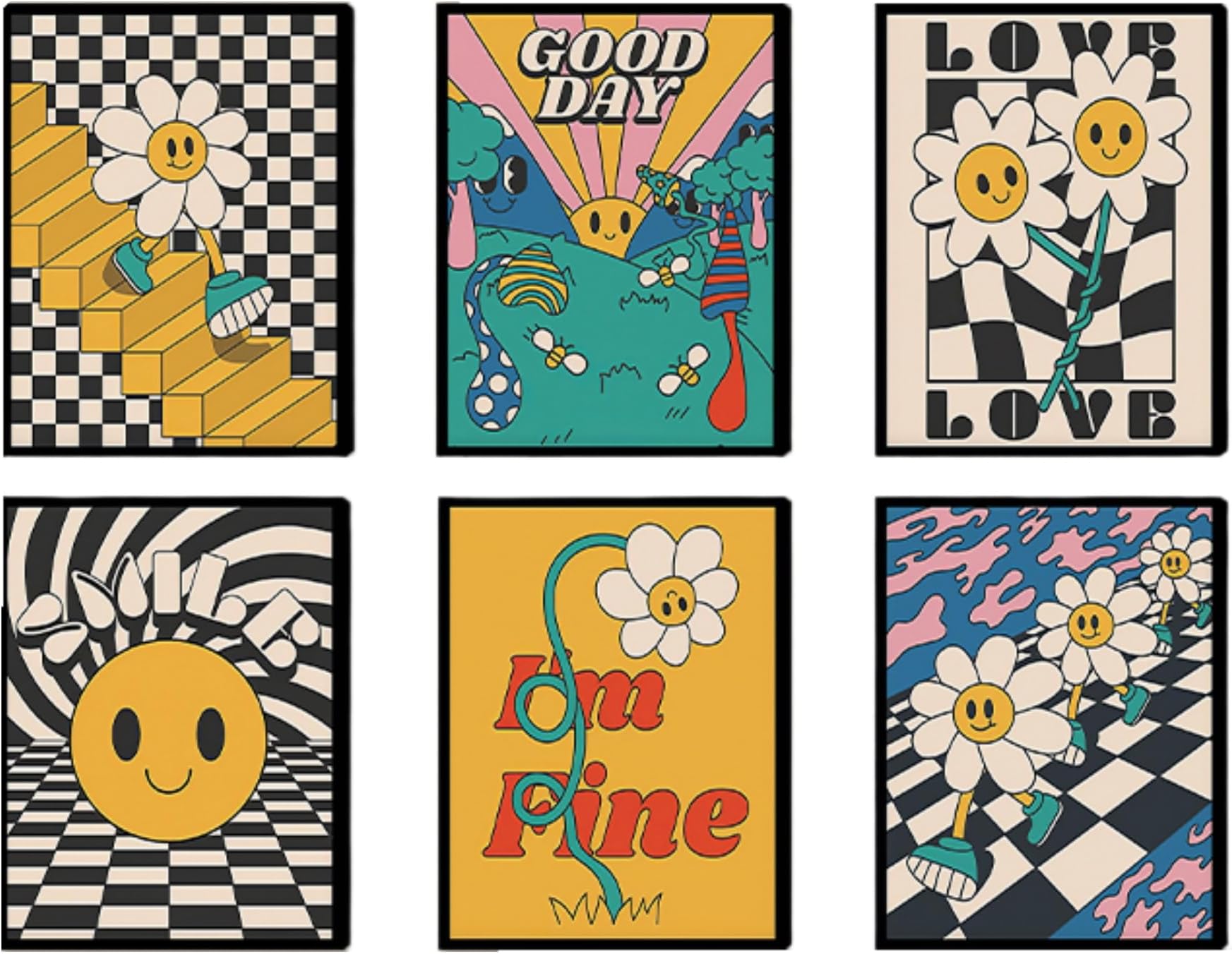 Lslandmood Funny Cute Pictures Wall Art Decor, Yellow Flowers Canvas Wall Art Prints, Aesthetic Artwork Posters for Living Room Bathroom Bedroom Office Wall Decor 8x10 inch set of 6 Unframed