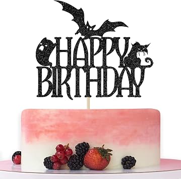 Halloween Happy Birthday Cake Topper, Halloween Birthday Decorations, Bat Bday Decor, Spooky Bday Party Decoration Supply Black Glitter