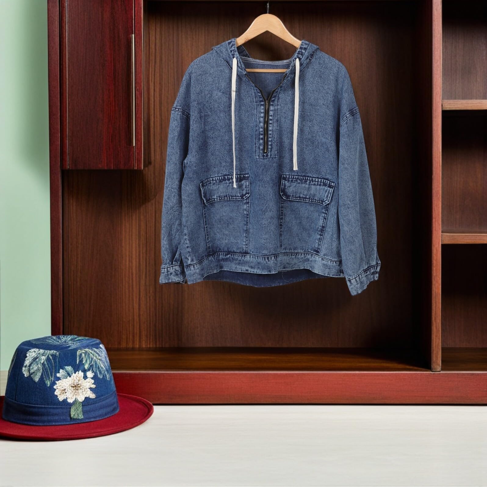 Healvian Chaqueta Vaquera Oversize con Capucha Estilo Vintage para Mujer Manga Larga Casual Urbano con Bolsillos