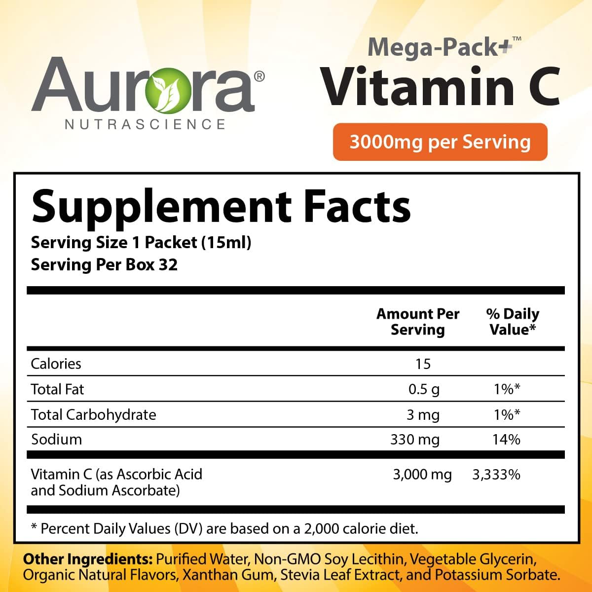 Aurora Nutrascience Mega-Pack Liposomal Vitamin C, Immune System Support, 3,000 mg per Serving, Gluten Free, Non-GMO, 32 Single Serve Packets, 15mL,16 oz (480 mL)