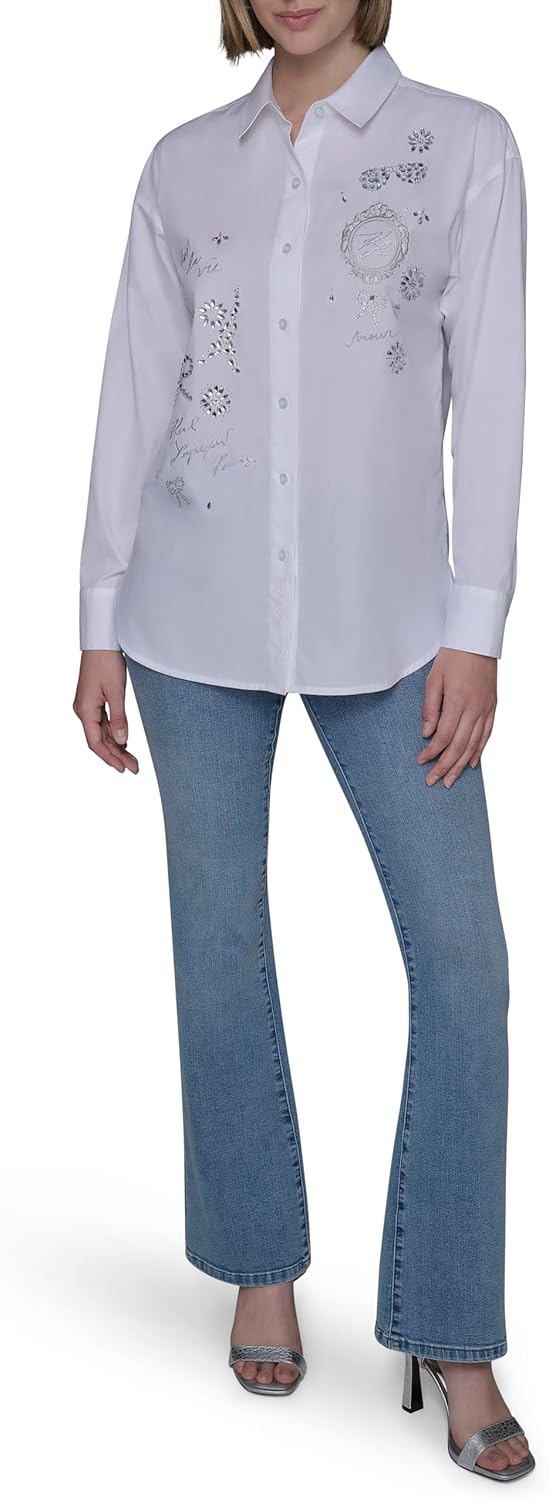 Karl Lagerfeld Womens Long Sleeve Collared Neck Whimsy Oversized Button Down - Image 2