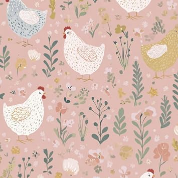 Farmhouse Peel and Stick Wallpaper Floral Colorful Chickens Soft Pink Wall Mural 17.7in x 9.8ft Self Adhesive Removable Wall Paper Renter Friendly Wallpaper for Nursery Bedroom Cabinets