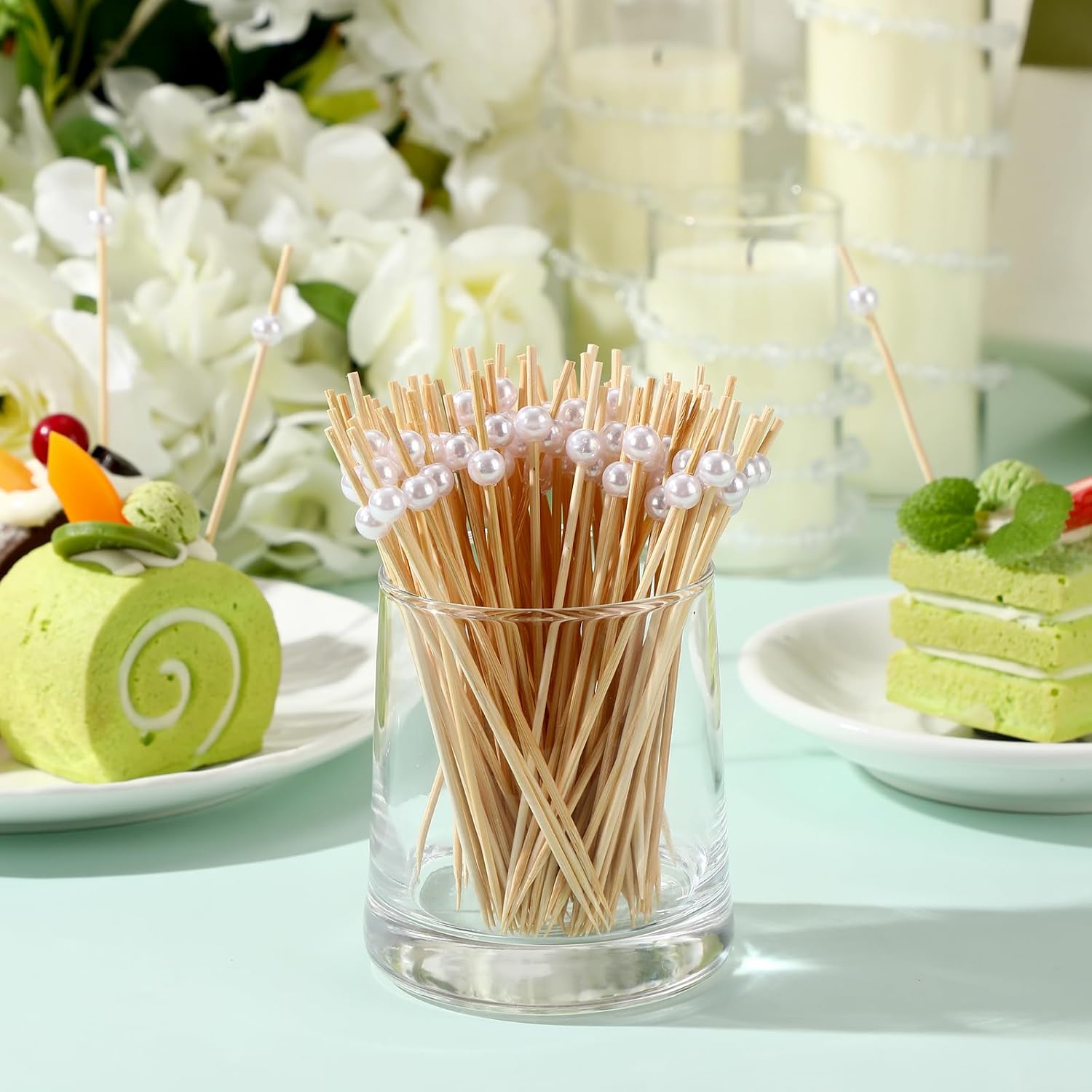 Reallnaive 600 Pcs Pearl Cocktail Picks 4.7Inch, 0.3" Bead, White