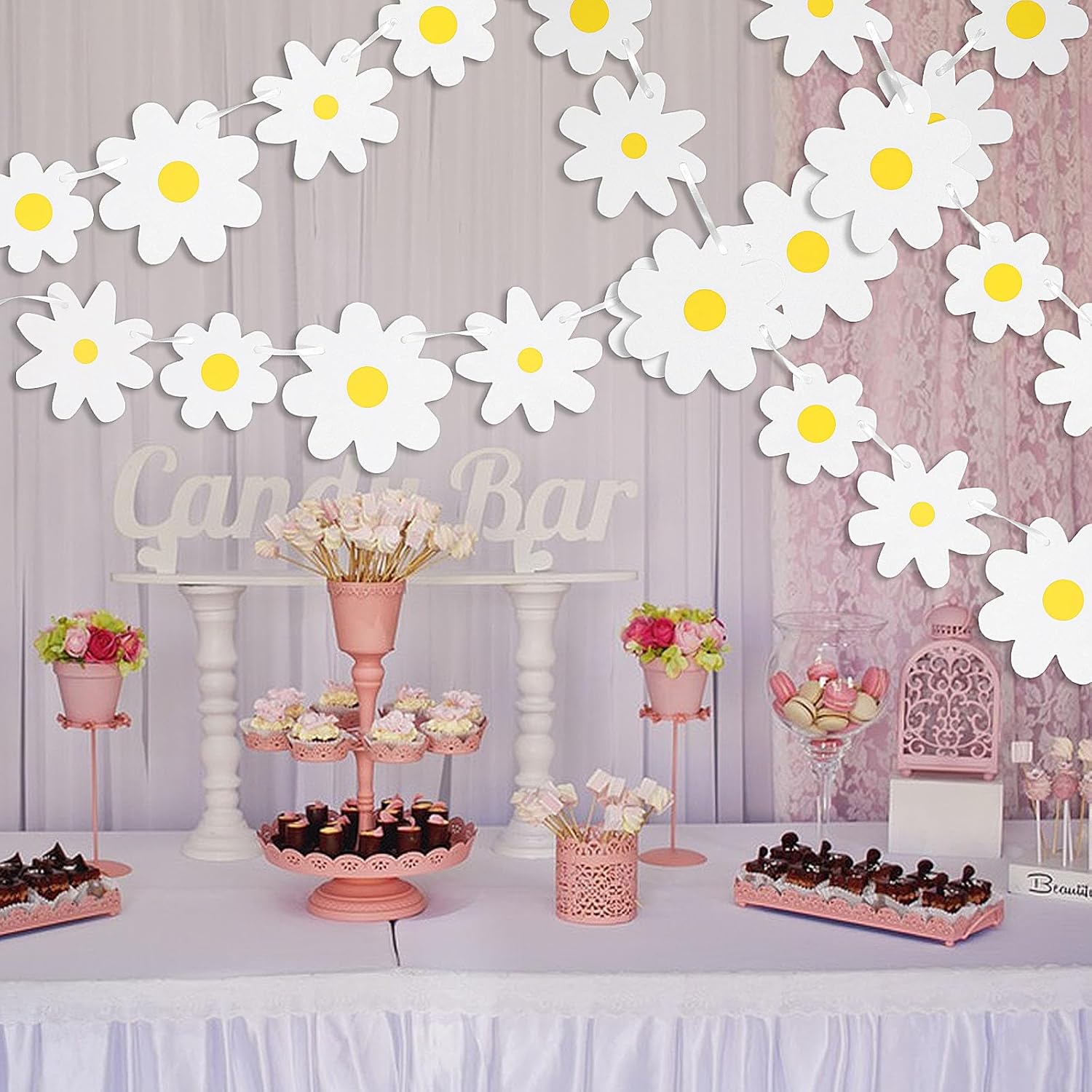 Gjinxi 2Pcs Daisy Groovy Boho Party Banners, White Hippie Daisy Party Supplies Decorations, Spring Flower Garlands, Daisy Paper Cutouts for Birthday Party Classroom Home Favor Decor 8