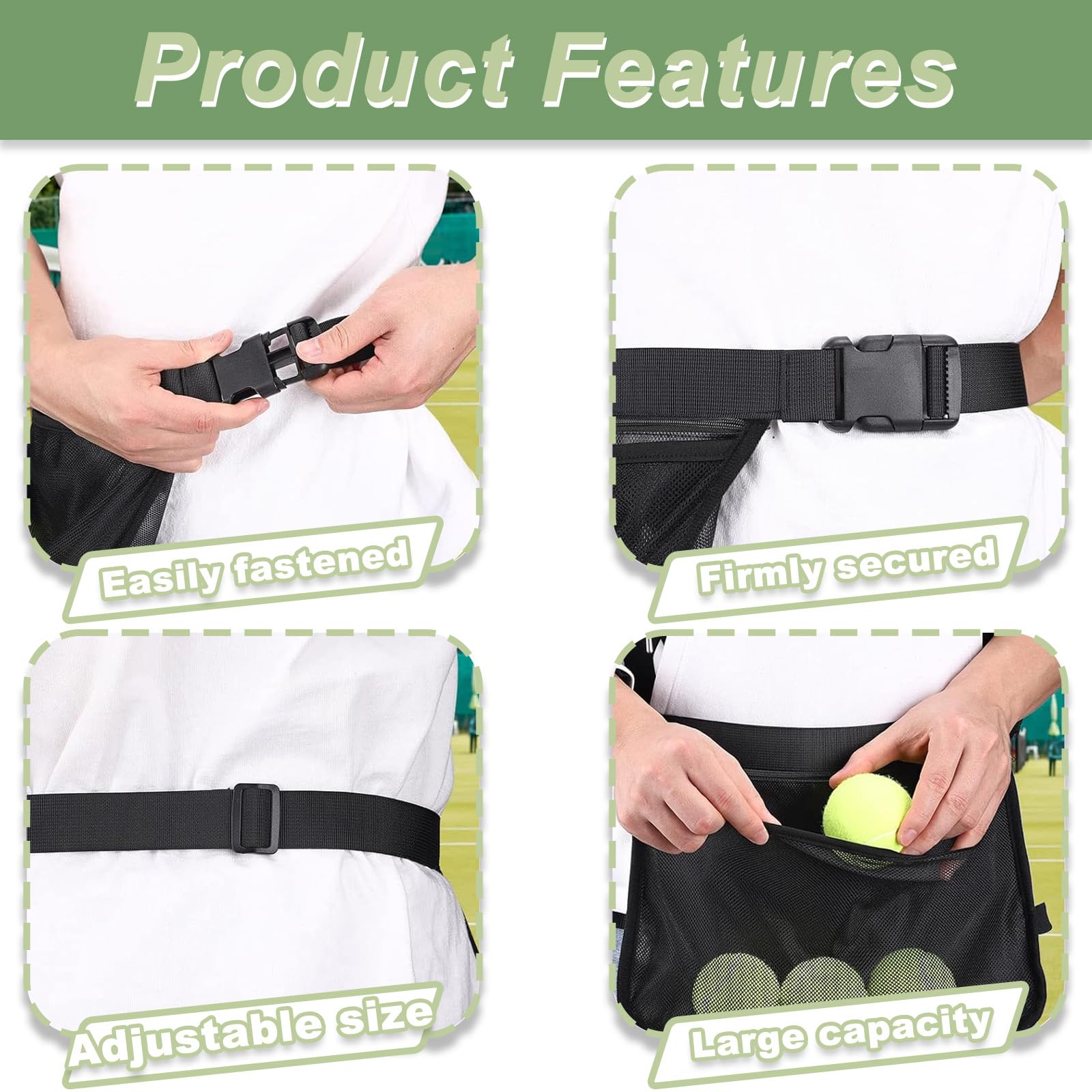 Portapalle da Tennis Regolabile e Borsa per Pickleball, Marsupio in Mesh, Porta Palle con Tasca, Contiene 8-10 Palle per Tennis, Pickleball, Golf, Nero Leggero e Comfortevole.