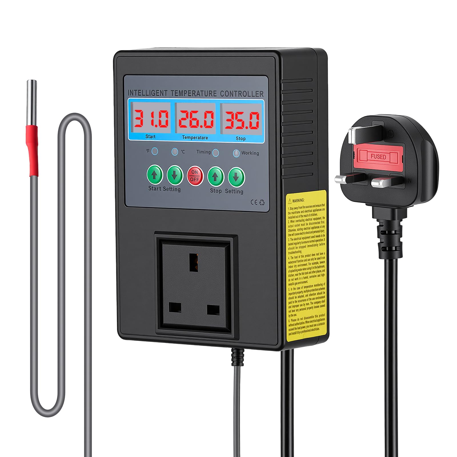 Digital Temperature Controller 15A 3300W, Heating Cooling Thermostat Controlled Outlet Socket with Waterproof Sensor Probe for Reptile Brewing, Greenhouse, Fermentation, Breeding, Incubation