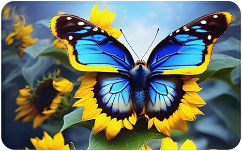 Felpudo de bienvenida con diseño de mariposa azul girasol.* 20 x 31.5 pulgadas, alfombra de entrada para interiores y exteriores. Absorbente y