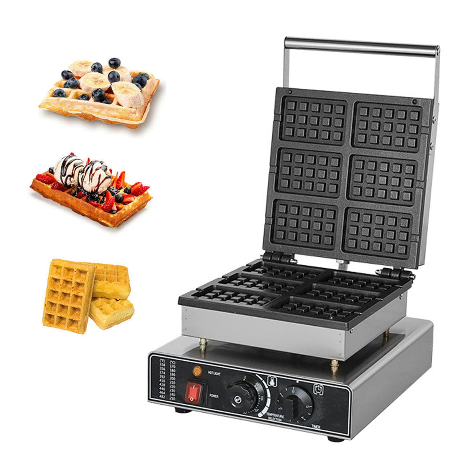 Gaufrier Professionnel 1600 W, pour 6 Gaufres, Appareil Électrique Antiadhésif, Température Réglable De 50 À 300 °C, Minuteur De 0 À 5 Min, pour Snack-Bars Et Restaurants