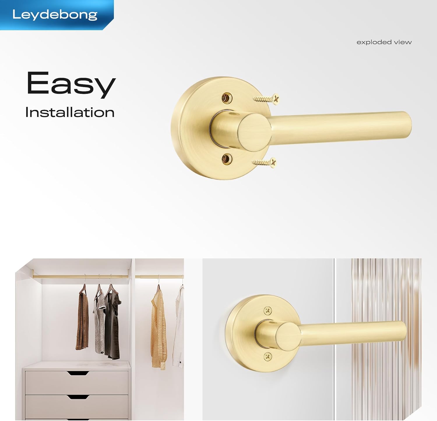 Leydebong 10 Pack Satin Brass Dummy Door Handles, Non-Turning Interior Door Levers, Heavy Duty Reversible Indoor Handles for Closet Pantry