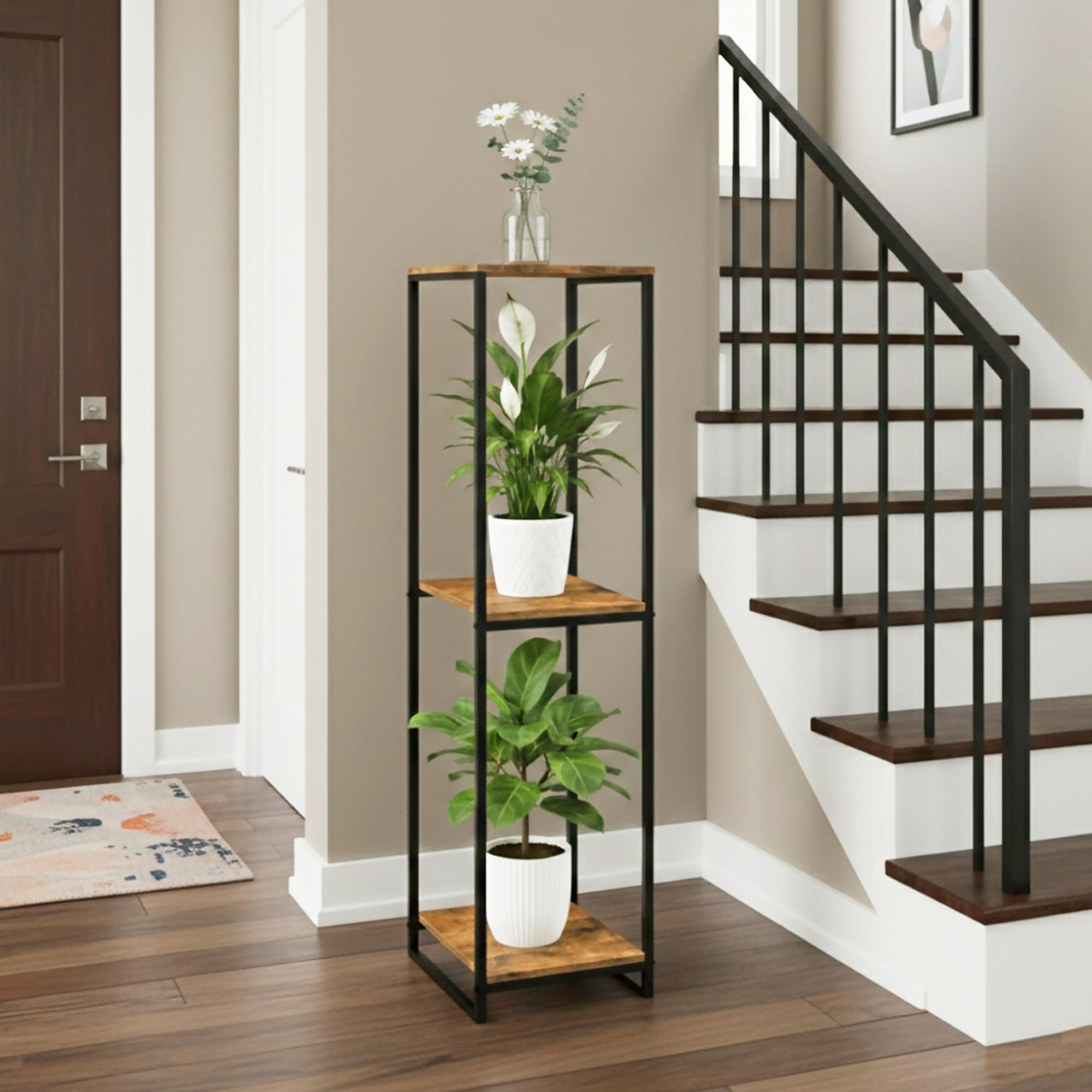 46" Tall Plant Stand Indoor, 3-Tier Modern Plant Shelf, Corner Flower Pot Holder Organizer for Living Room Balcony Patio Garden (Rustic Brown)