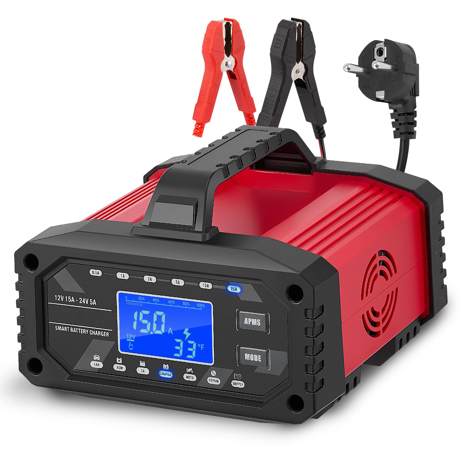 15A Cargador de Batería de Coche, 12V 24V LiFePO4 Cargador de Batería de Coche Portátil 10-Etapas Batería Inteligente para Coche, Camión, Moto, Cortacésped, Barco, Marina