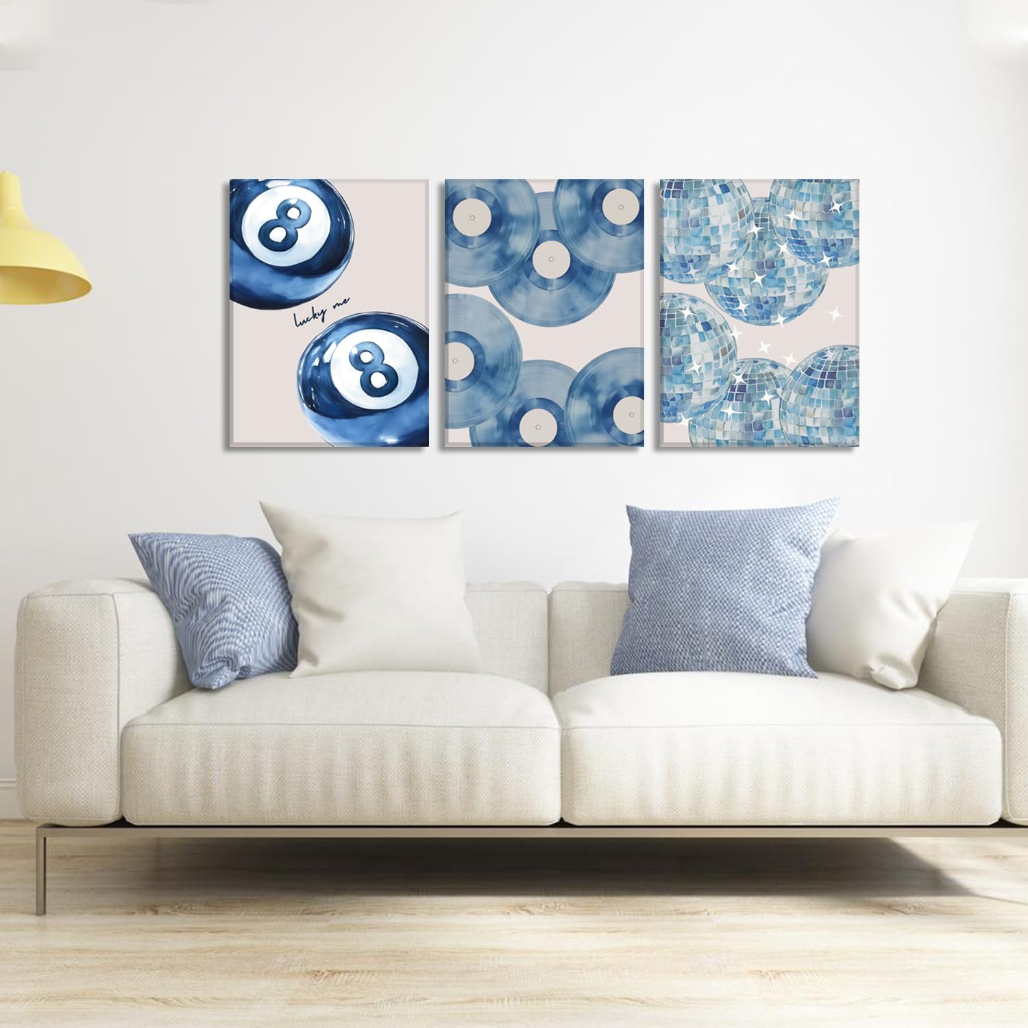 Set di 3 stampe artistiche da parete blu alla moda, motivo coquette, decorazione per la stanza, decorazione estetica per la stanza, blu navy, discoteca, 8 palline, stampa su tela per camera da letto