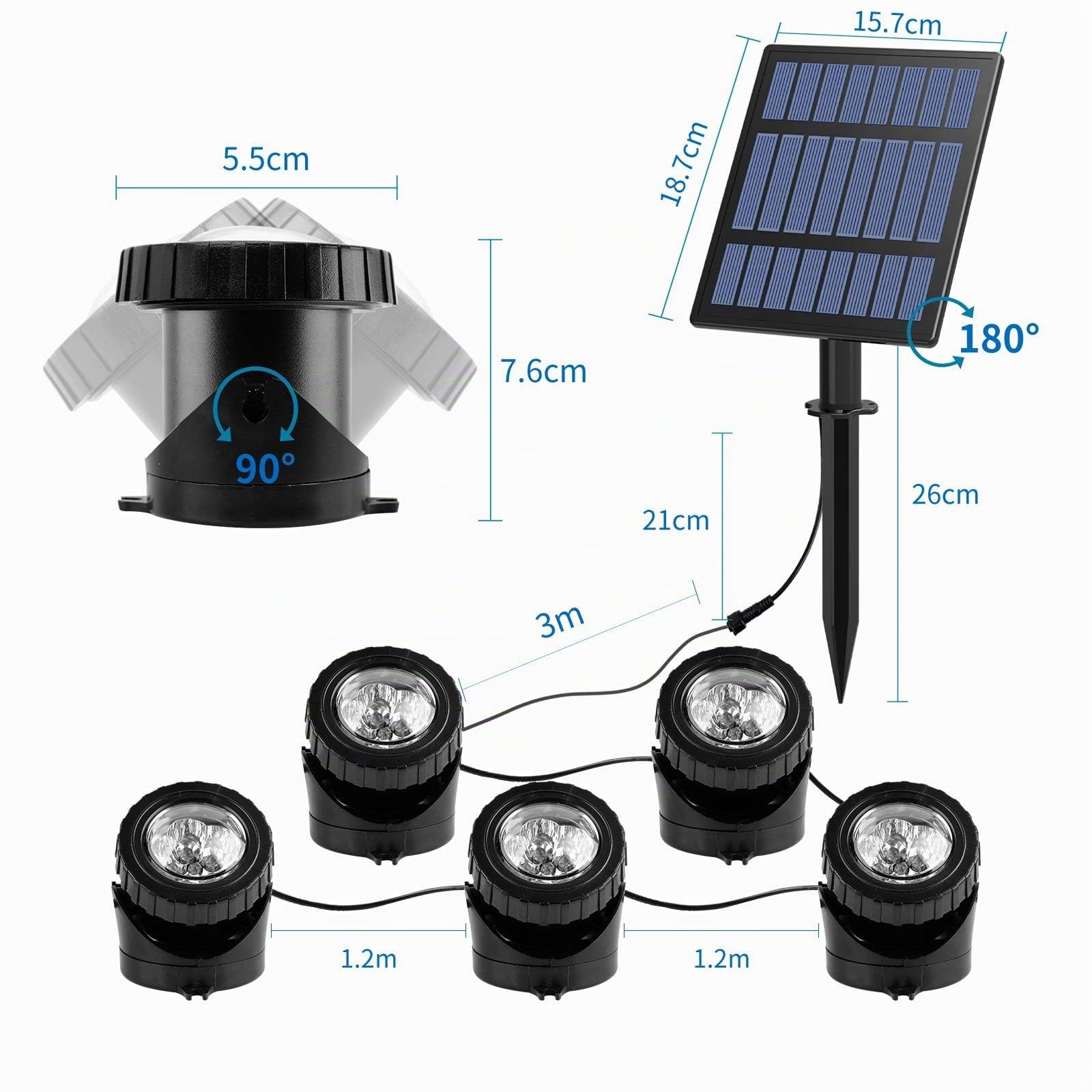 Iluminación solar para estanque, foco solar RGB, foco sumergible para exterior, luces sumergibles ajustables, cambio de color RGB, IP68, resistente al agua (RGB5) (RGB 5 Luz)