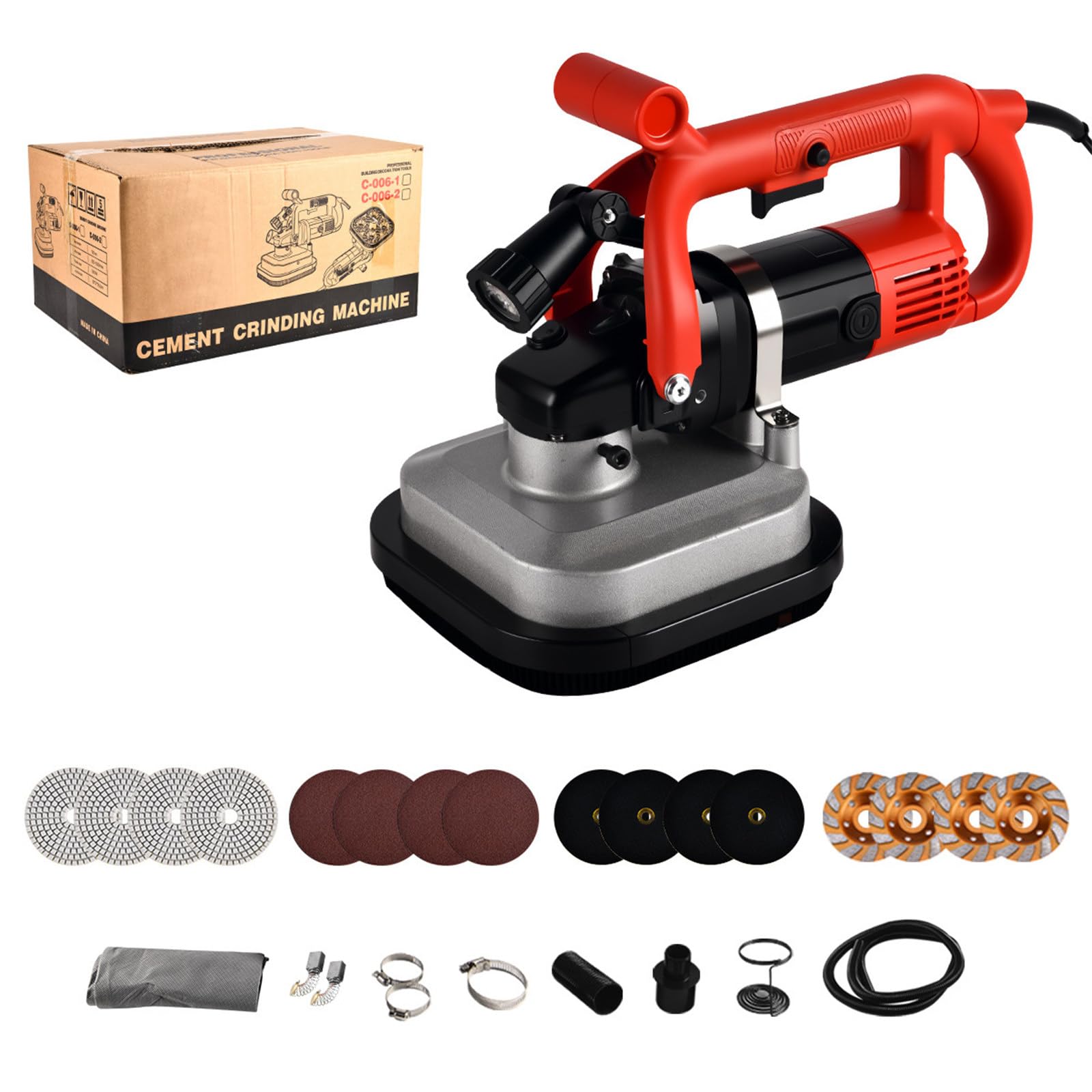 Máquina pulidora de suelo - 3600 W, 6 velocidades ajustables, cabezal de cuatro ejes, cubierta de polvo, mango auxiliar, rueda de diamante para hormigón y mármol