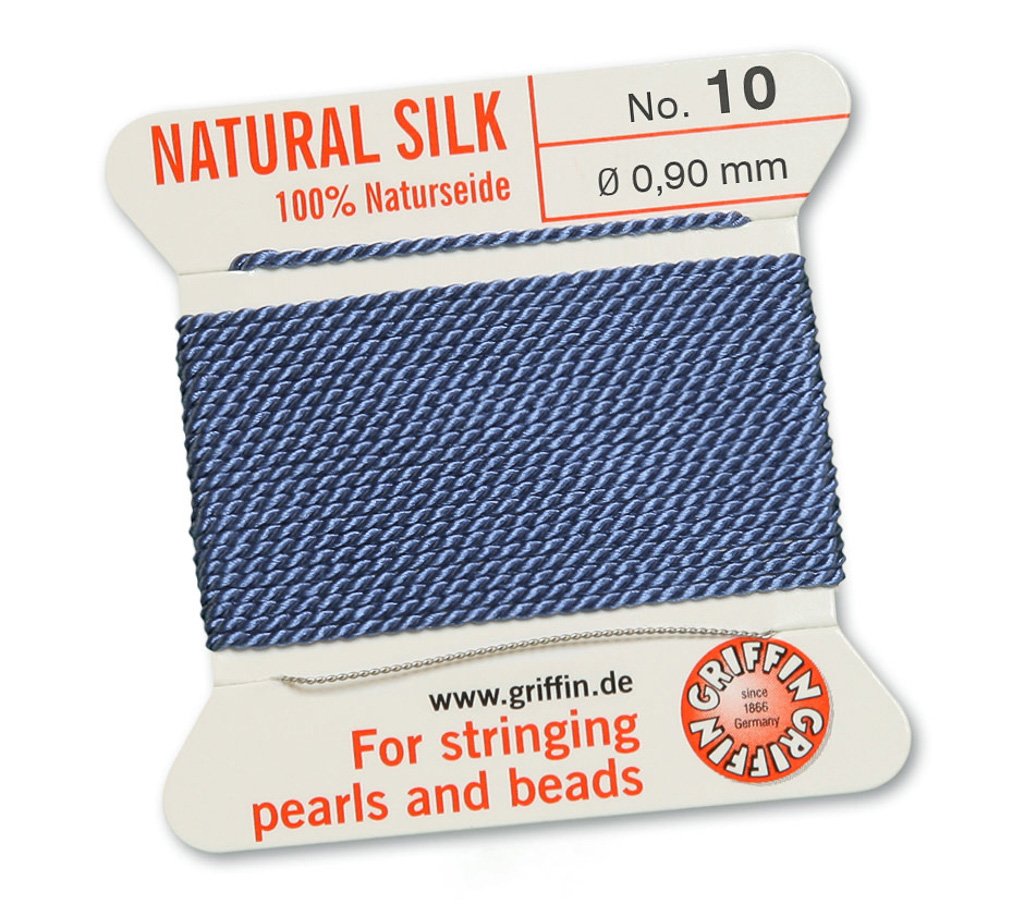 GRIFFIN 100% Natural Silk Beading Cord String Thread - Blue - 2 metres with one needle - Size 0.90mm